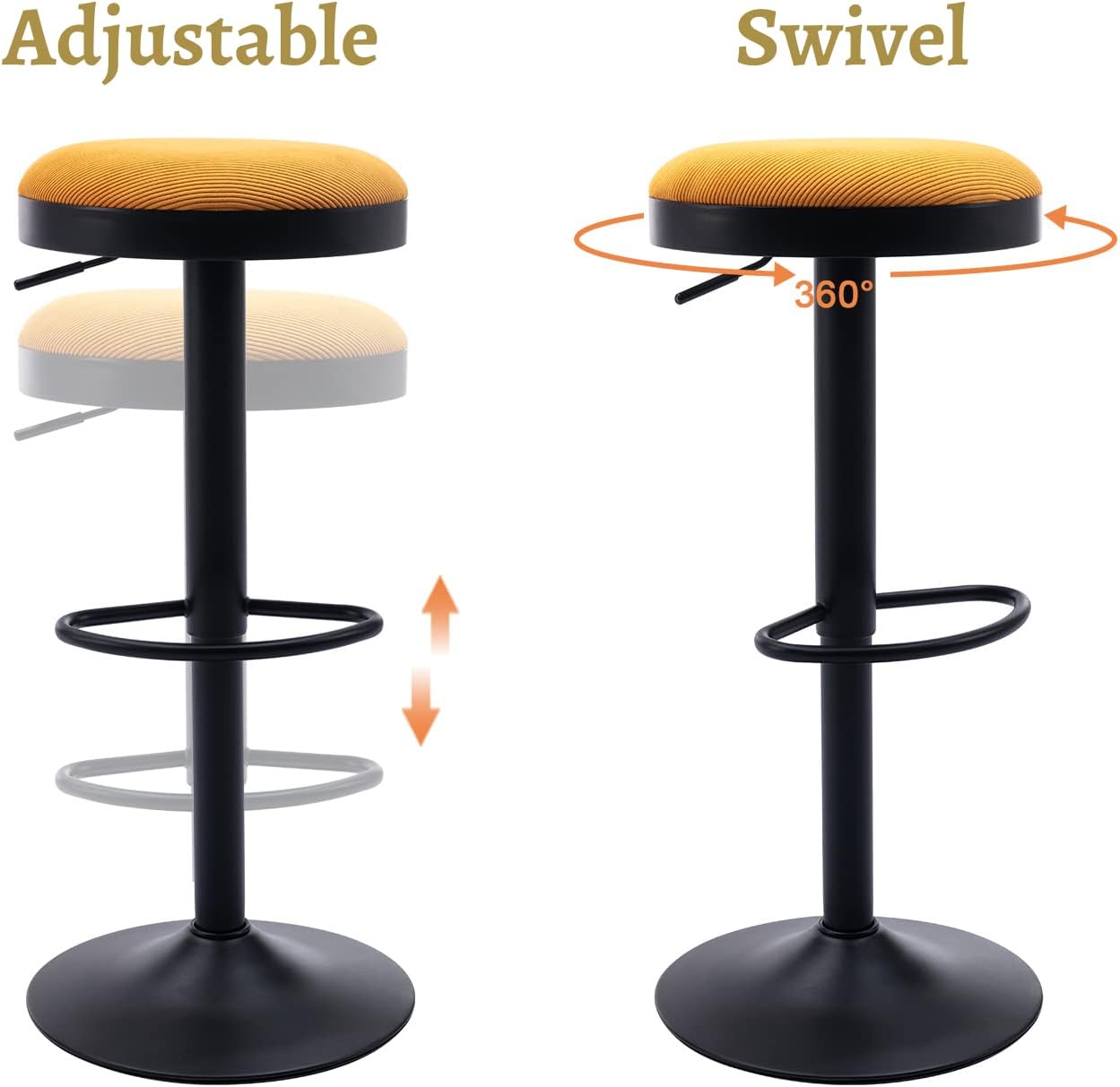 Modern Swivel Bar Stools Set of 3 Adjustable Counter Height Backless Barstools with Metal Base Fabric Upholstered Round Bar Stool Chairs