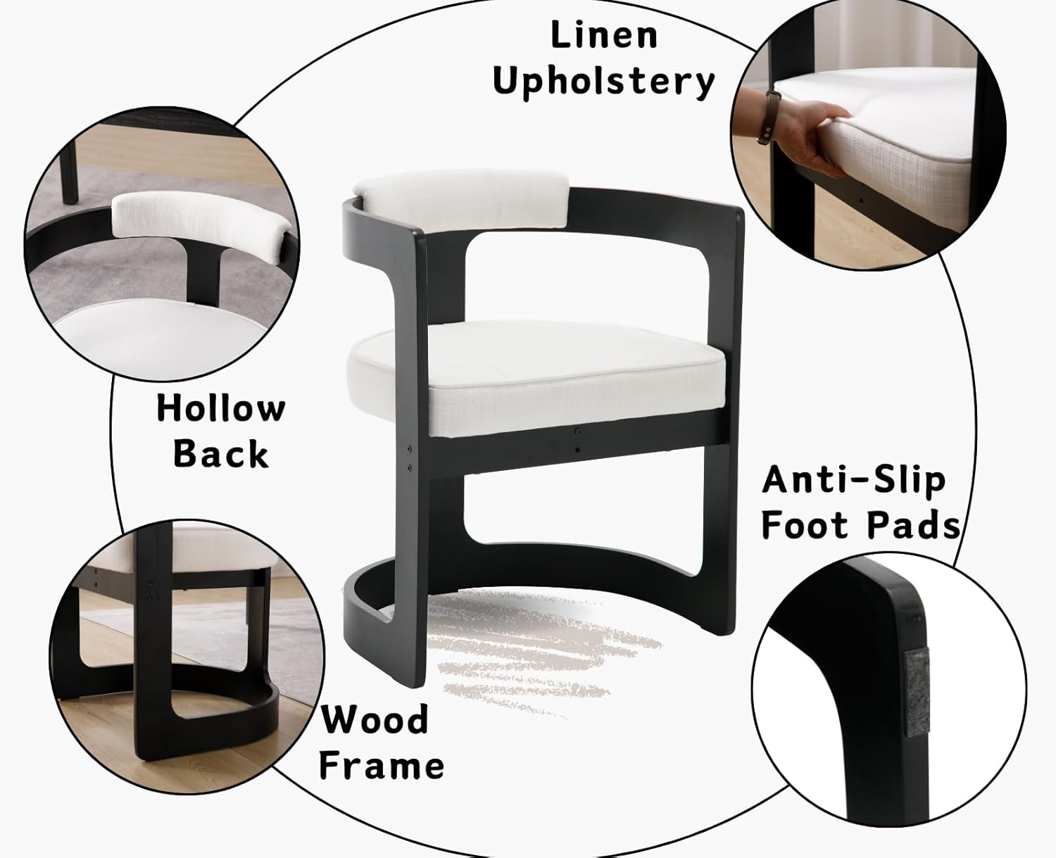 Modern Barrel Dining Chair Linen Upholstered Accent Chair with Arm Comfy Dining Room Chair with Black Wood Frame