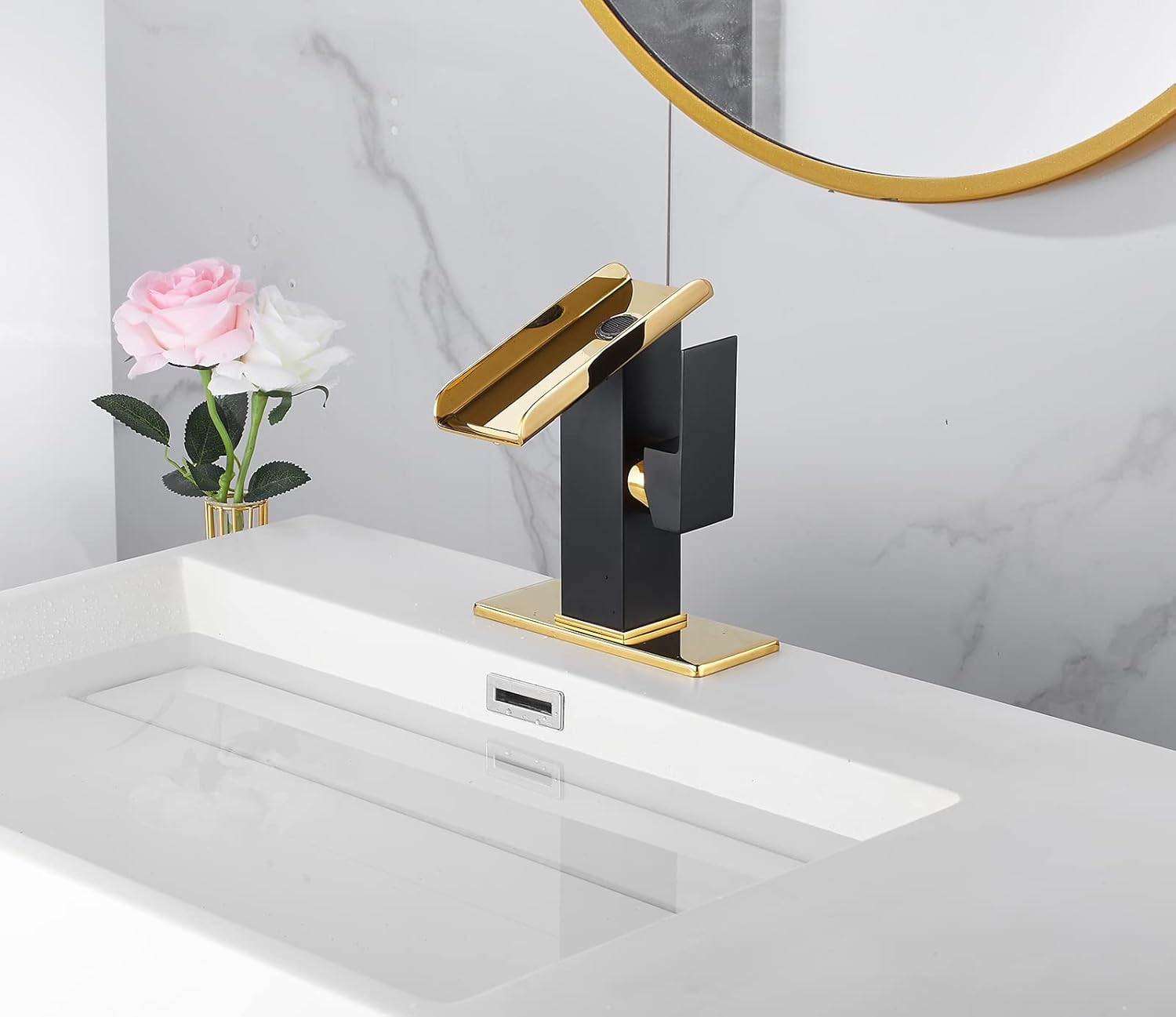 Bathroom Faucet Black Waterfall Gold Spout Single Handle for Sink 1-3 Hole 4 inch Deck Plate Pop Up Drain Stopper Overflow Lavatory Vanity Basin Tap Supply Lines Farmhouse Luxury Bath Faucets Brass