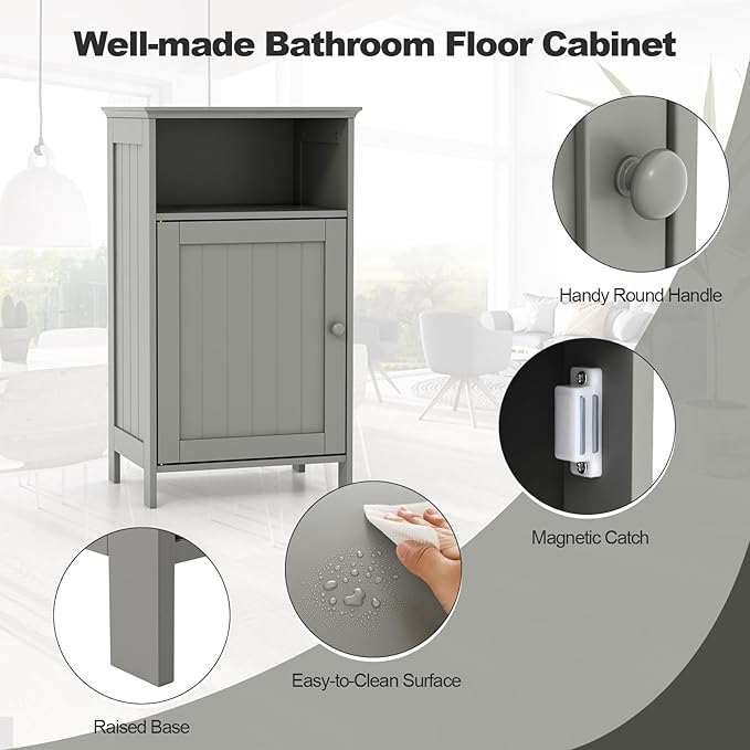Bathroom Storage Cabinet, Freestanding Wooden Bathroom Floor Cabinet with Door, Open Shelf