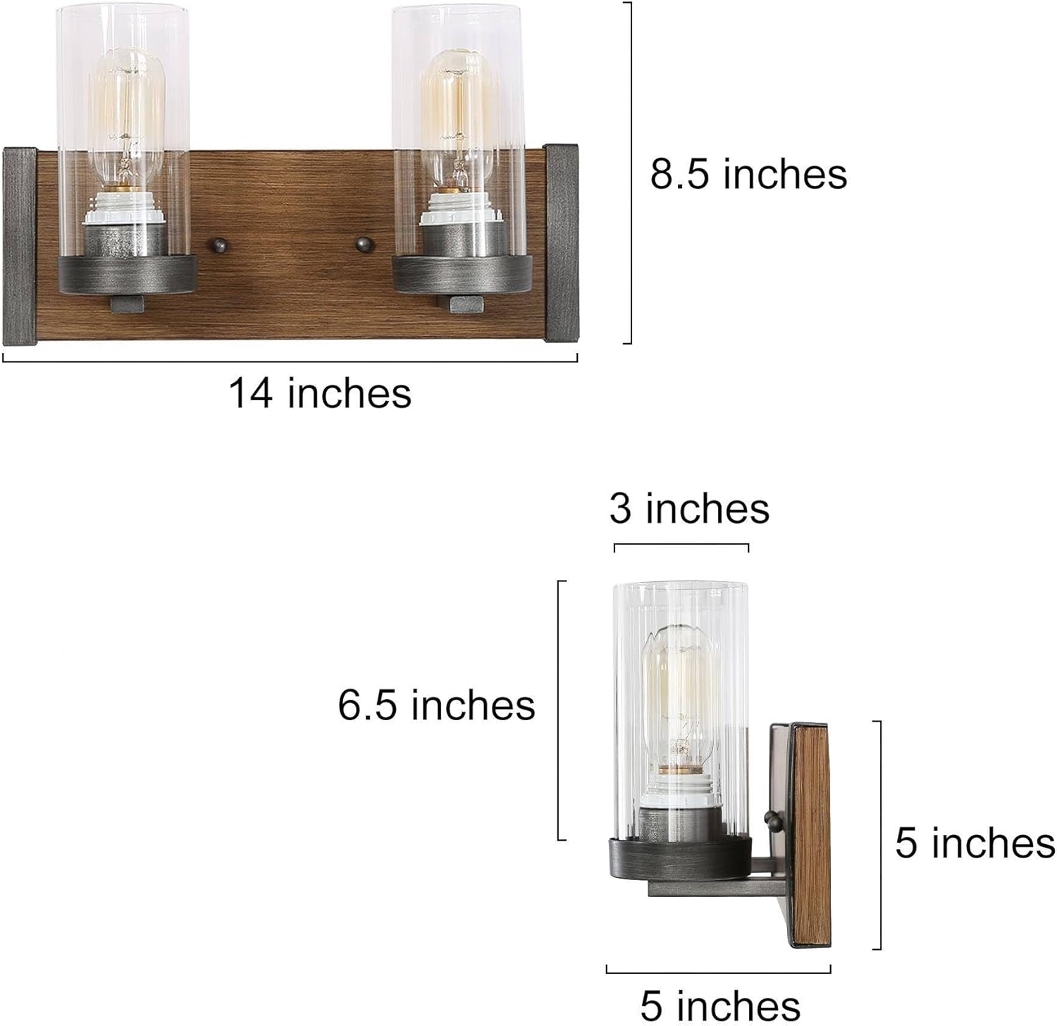 2 Light Farmhouse Vanity Lights for Bathroom with Clear Textured Glass Lampshade