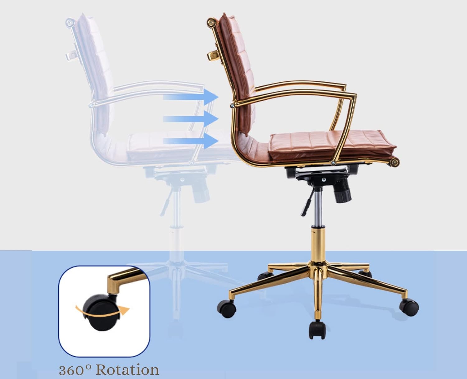 Modern Leather Office Chair Comfortable Home Office Desk Chair with Wheels and Arms Gold Base Conference Chair Ergonomic Computer Task Chair