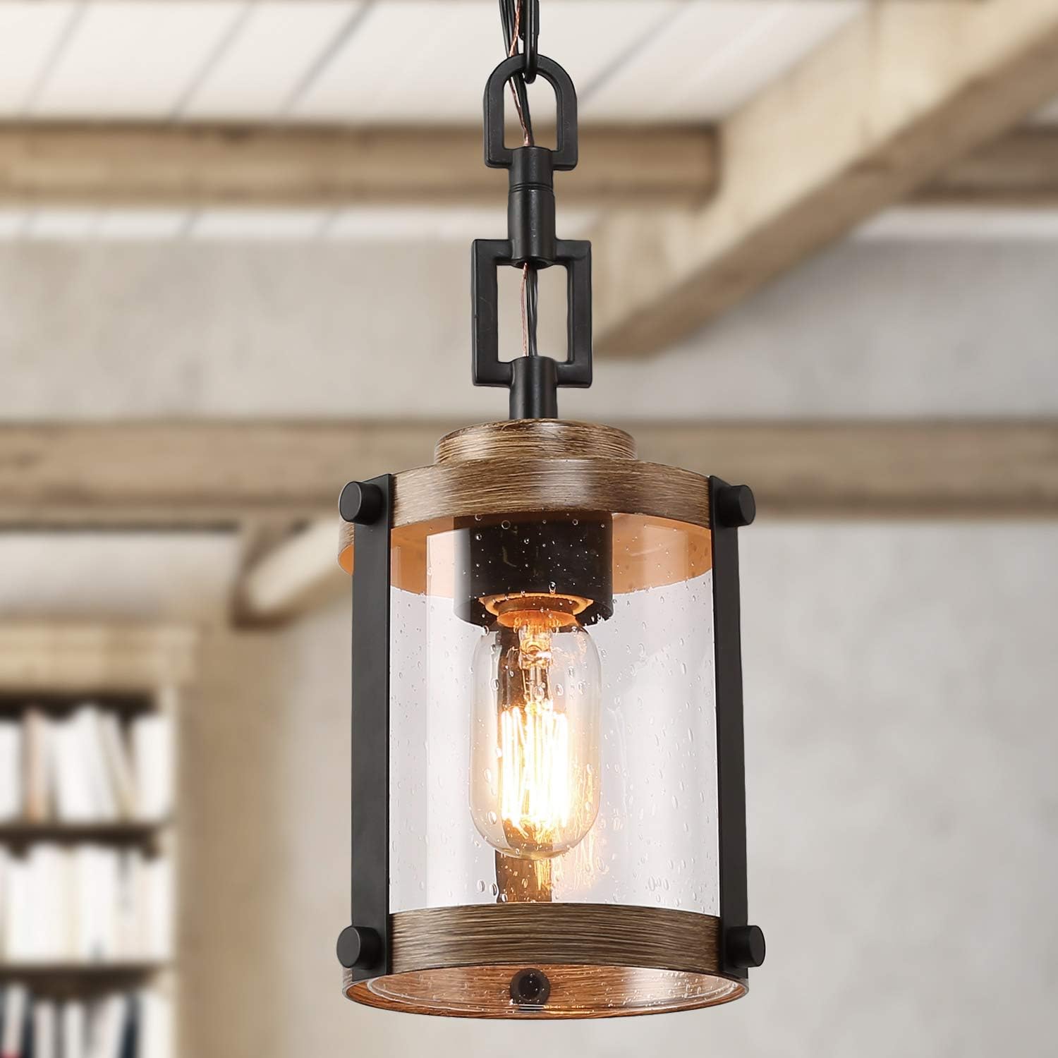 Pendant Lighting for Kitchen Island, Farmhouse Mini Chandelier in Faux Wood Metal with Bubbled Glass Shade