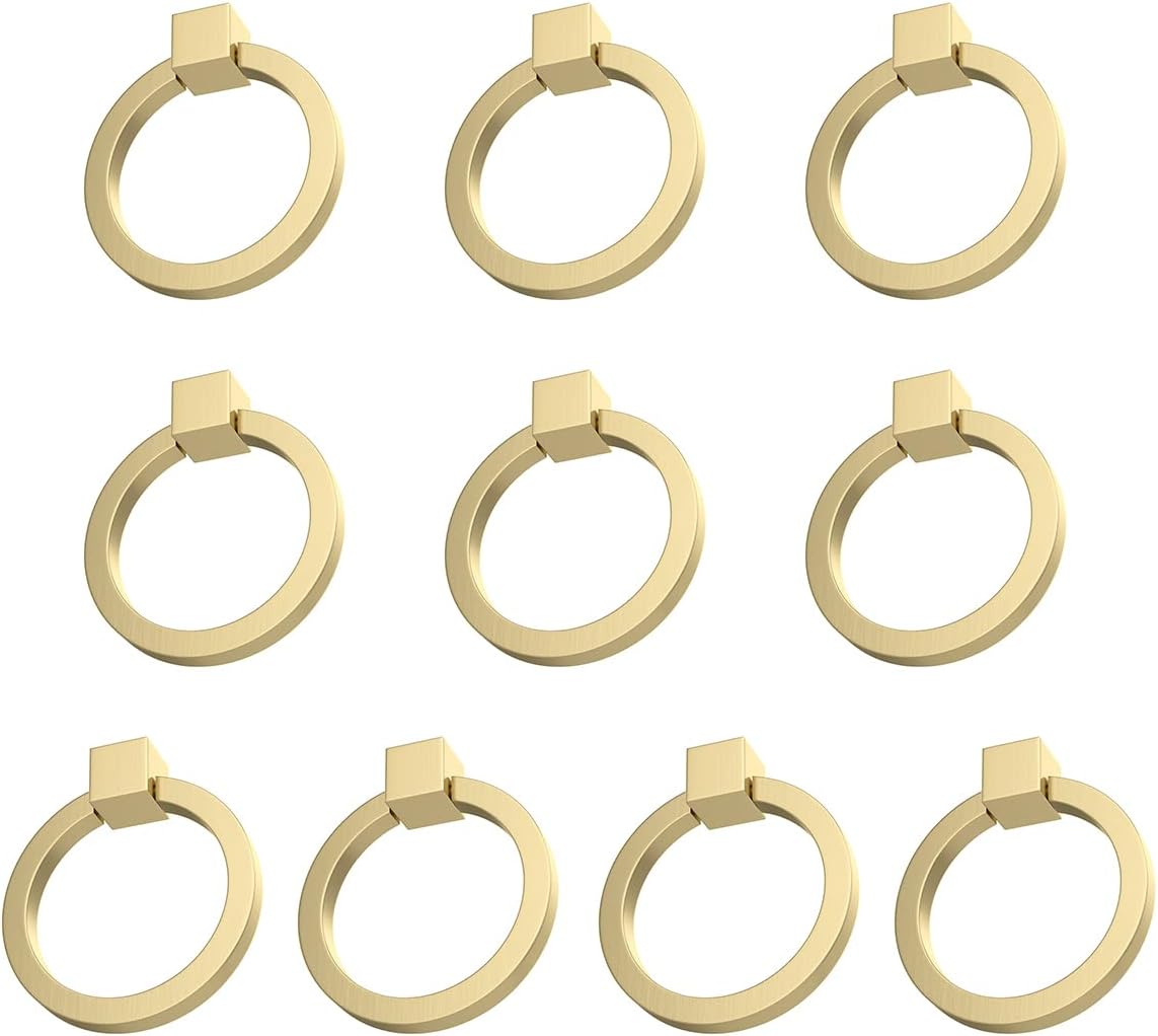 10Pcs 2.0" x 1-7/8" Solid Brass Pulls for Dresser Drawer Ring Pulls Furniture Hardware Brushed Gold Wardrobe Door Handles