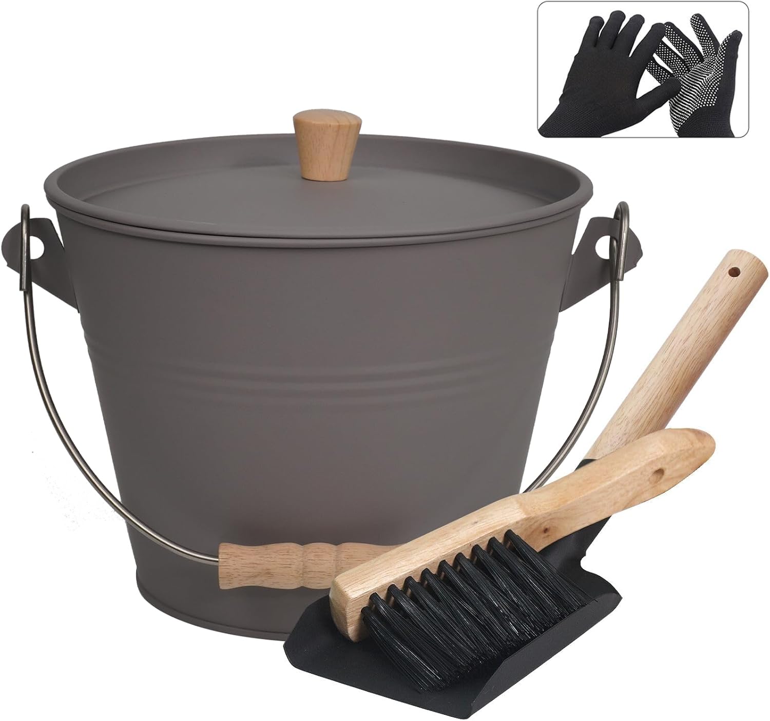 Ash Bucket with Lid, 1.3 Gallon Ash Bucket for Fireplace, Metal Fireplace Bucket for Ashes Includes Shovel and Hand Broom