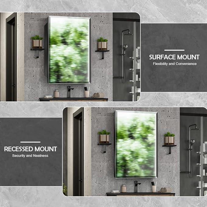 16×26inch Medicine Cabinet,Mirror Cabinet with Beveled Mirror,Solf Close Hinge,Frameless,Detachable Side Plate for Recess Mount or Surface Mount,Black