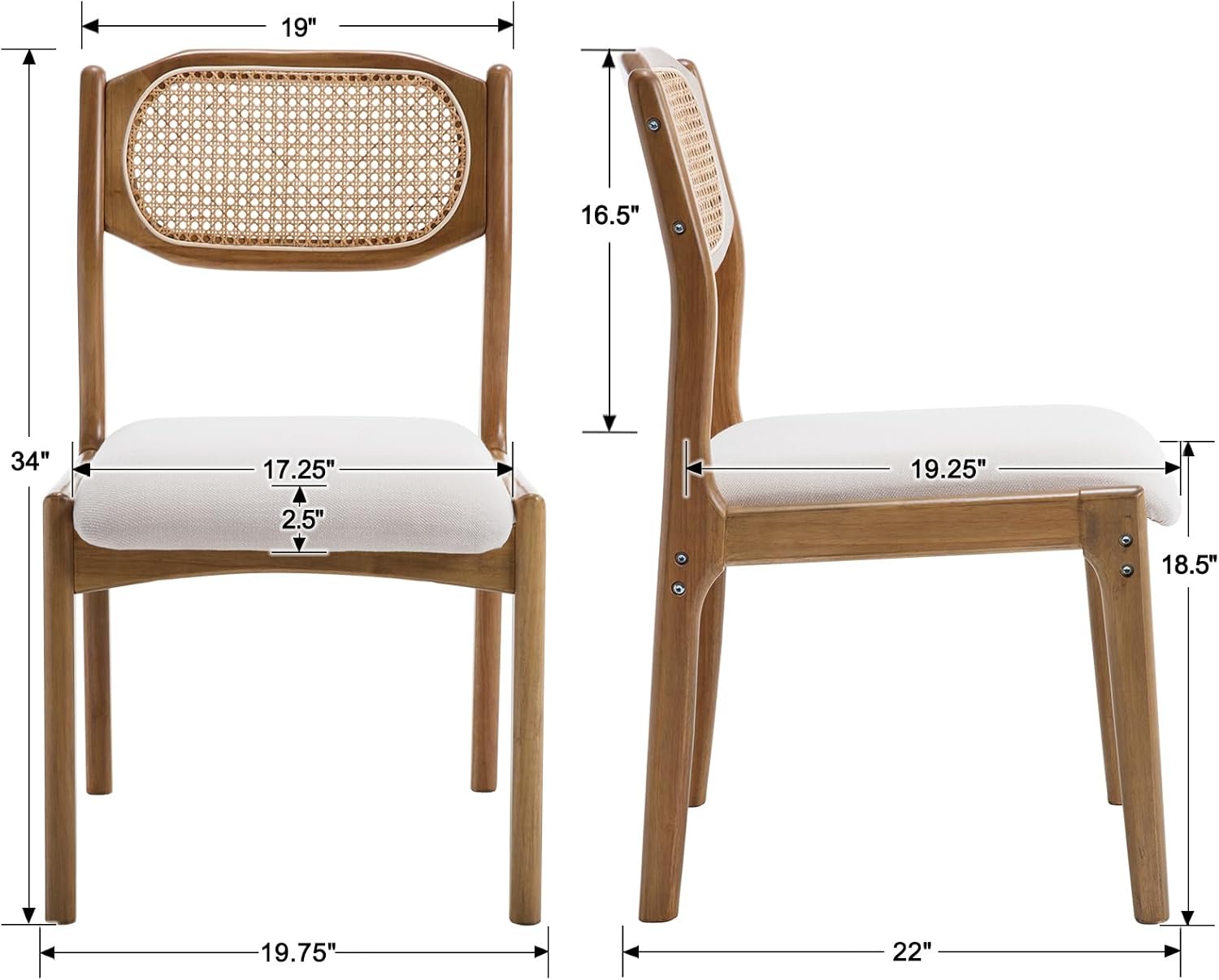 Modern Mid Century Wood Dining Room Chairs with Cane Back Upholstered Linen Kitchen Side Chairs