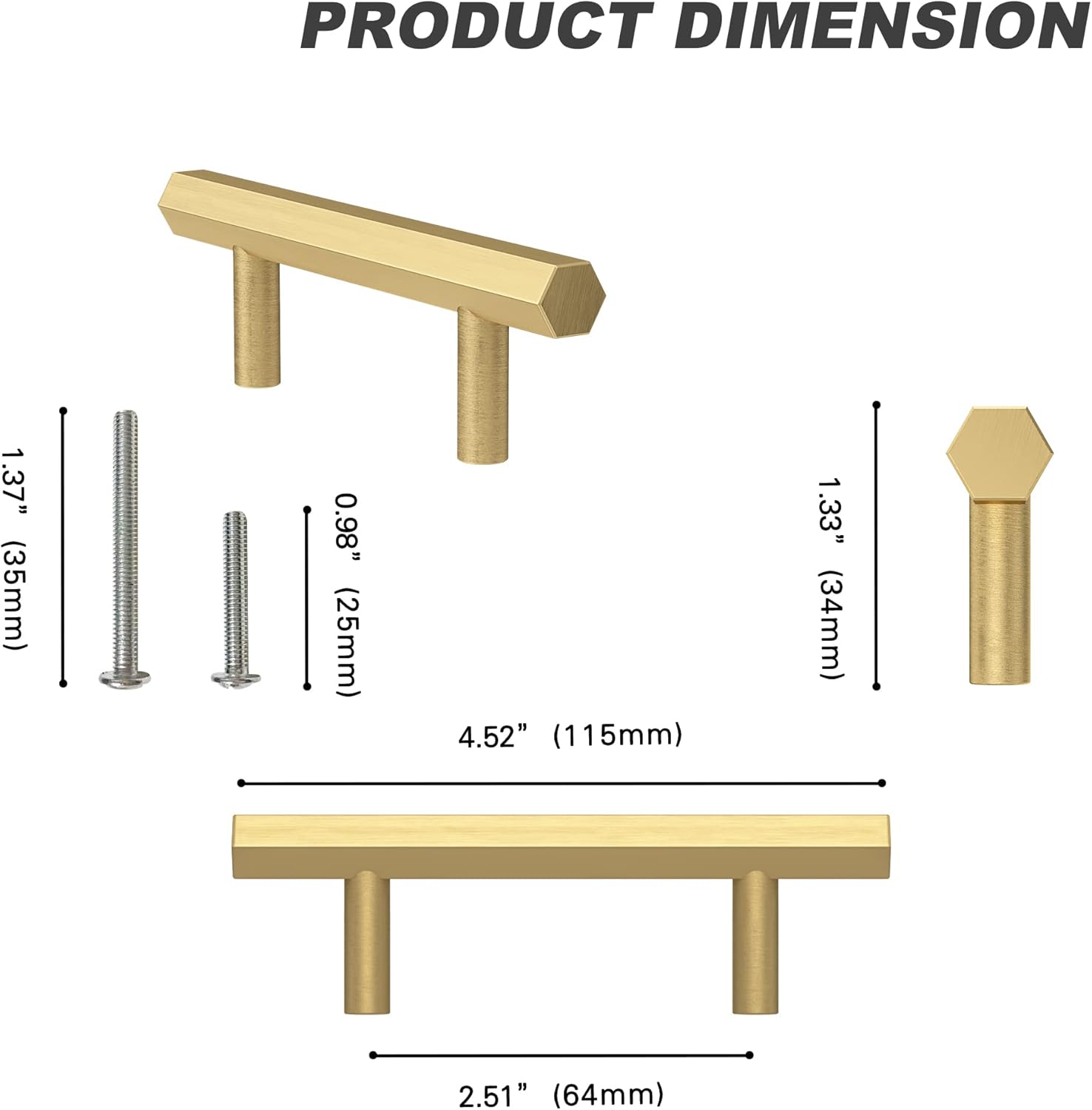 4 Pcs Solid Brass Pull Kitchen Cabinet Handles Brushed Gold Decorative Contemporary Hexagon Bar Cabinet Pulls (Hole Centers:2-1/2"(64mm))