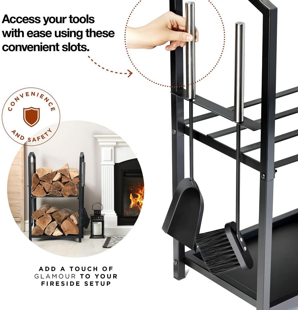 Firewood Rack Outdoor Indoor - 2-Tier Firewood Holder with Fireplace Tools Set, Brush, Shovel, Poker, Tongs