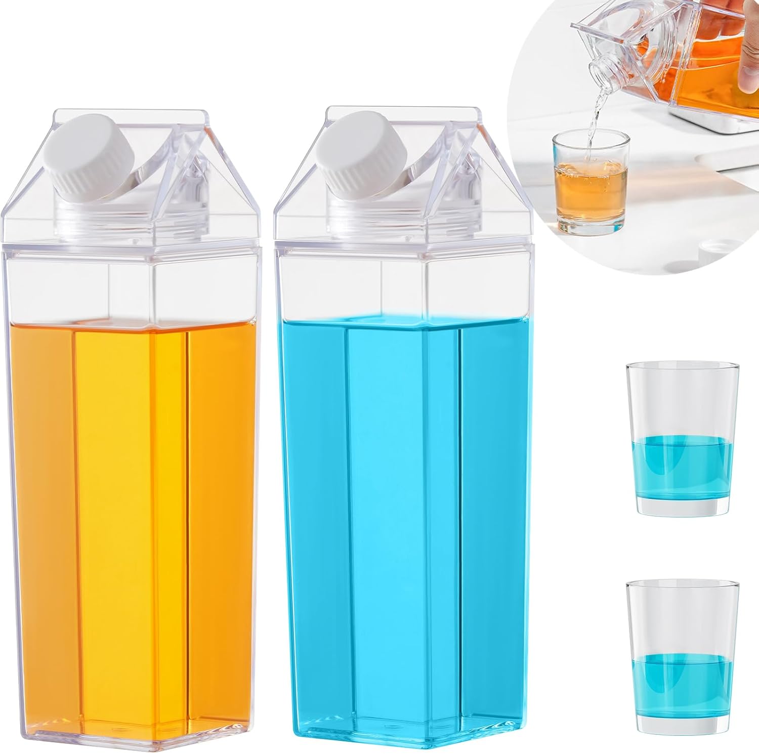 Plastic Mouthwash Dispenser for Bathroom, Mouth Wash Container with 2 Glass Cups, Lid 17OZ Clear Refillable Mouthwash Bottle Decanter, Set of 2, Square