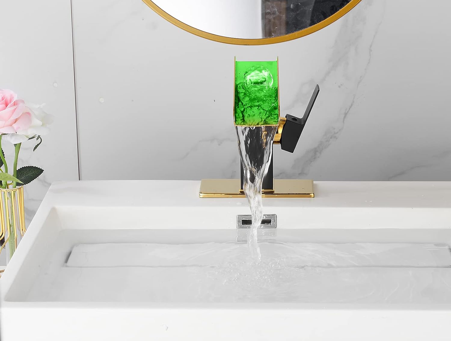 Black Bathroom Faucet Golden Waterfall Open Spout LED Color Changing One Hole Bath Vanity Sink Tap Single Handle with Bathroom Sink Drain Pop Up Stopper Overflow Water Supply Hose Include Modern