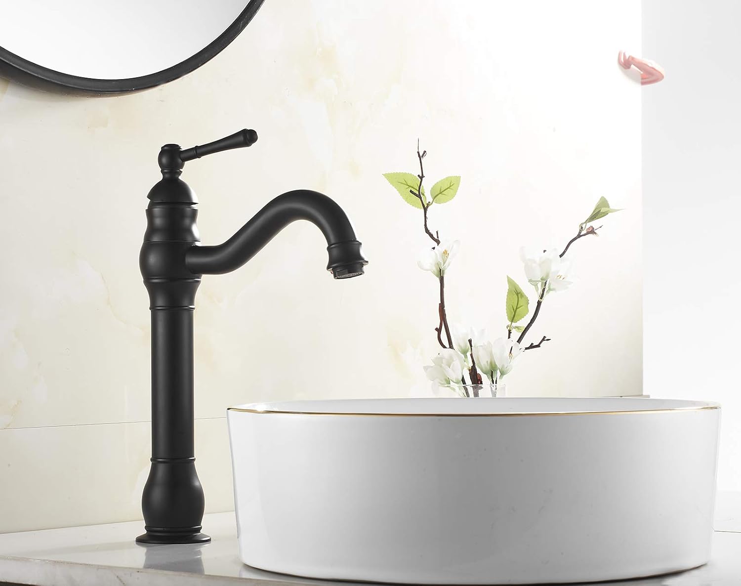 Black Bathroom Vessel Sink Faucet 360° Swivel Spout One Handle Single Hole Bowl Sink Tall Body Lavatory Vanity Faucet Farmhouse Above Counter Mixer Tap Commercial