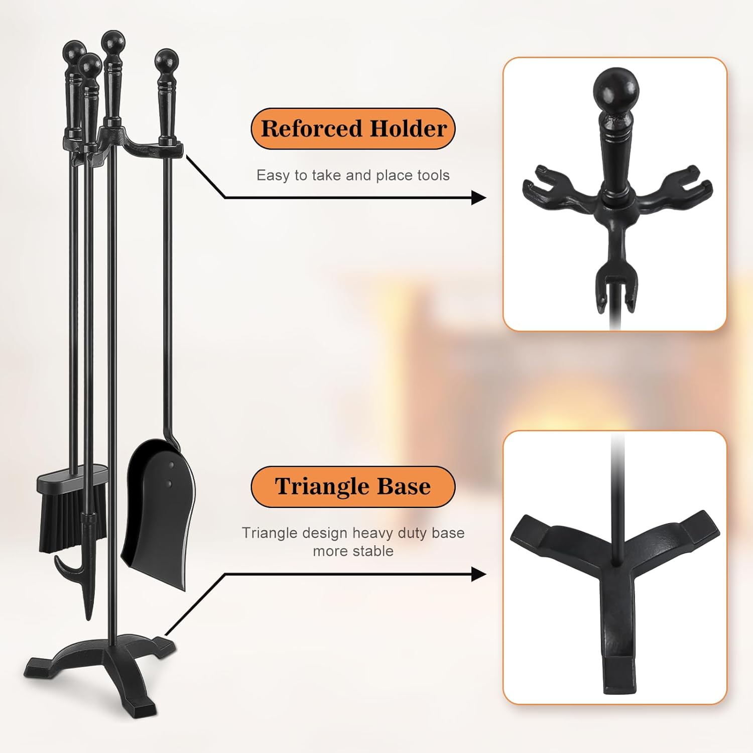 Fireplace Tools Set 4 Pcs 30 Inch Black Wrought Iron Large Fire Tool Set for Outdoor/Indoor Include Chimney Poker