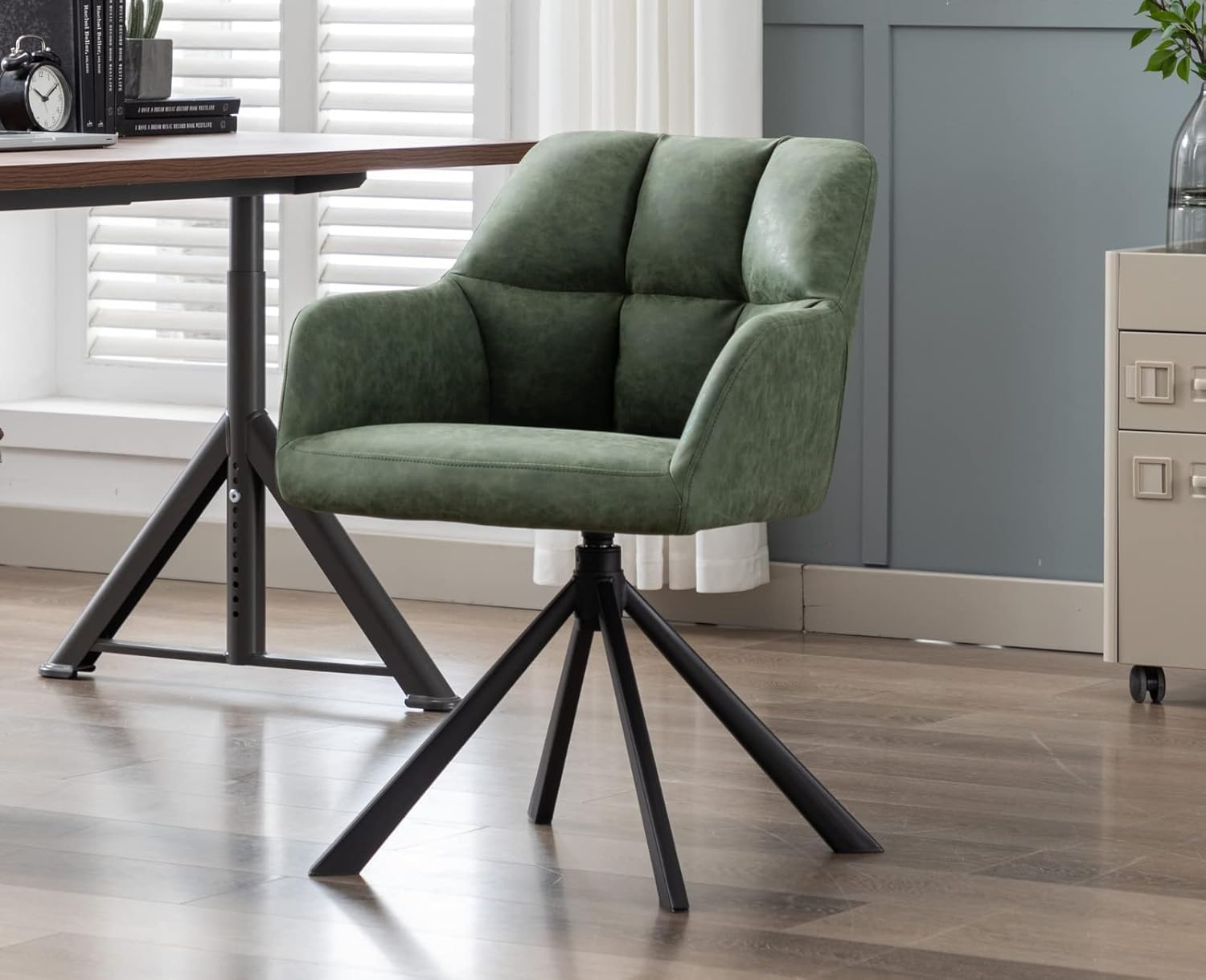 Comfy Leather Desk Chair Modern Computer Task Chair no Wheels Swivel Accent Chair with Mid Back Arm Chair