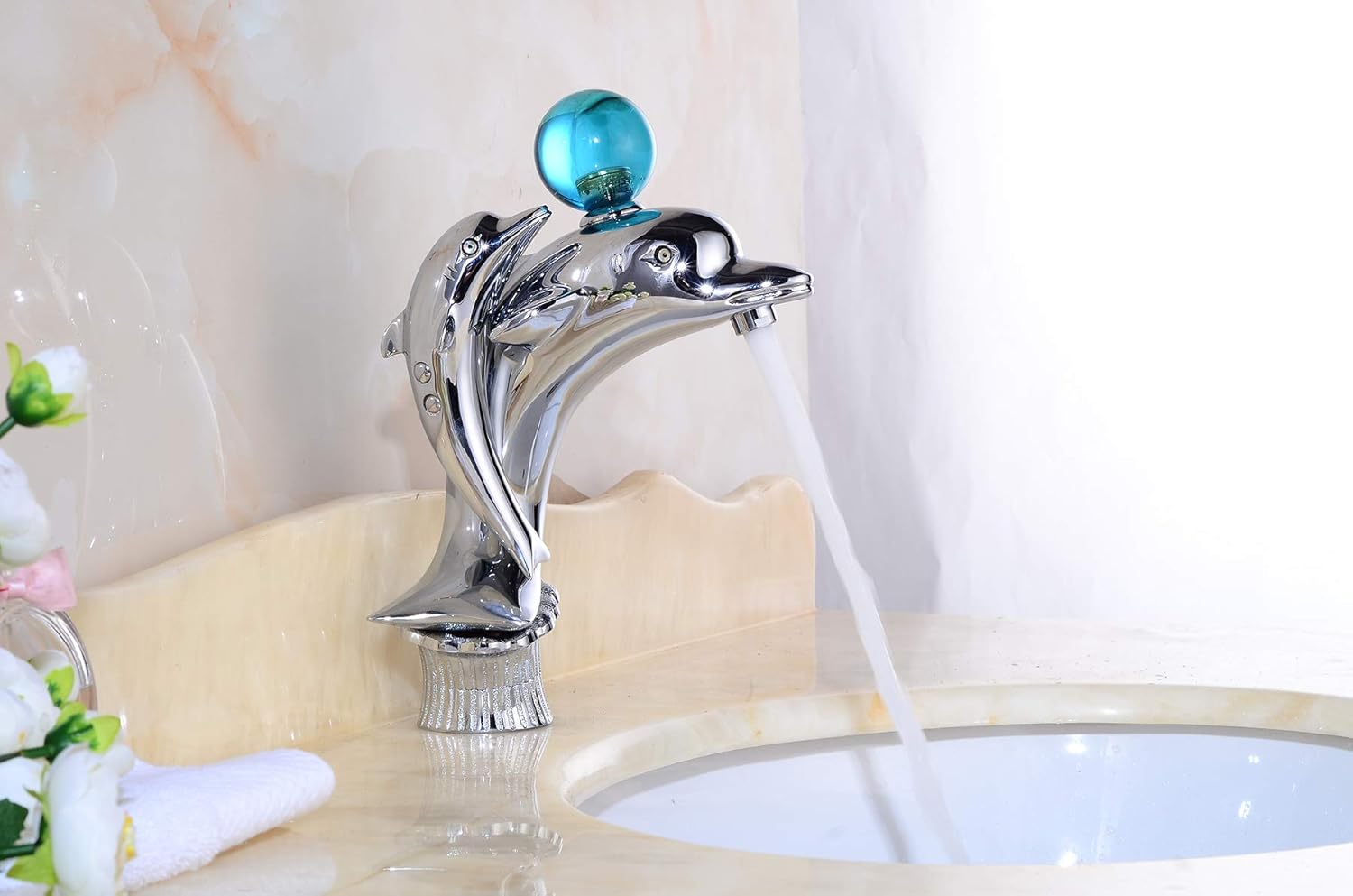 Bathroom Faucet Dolphin Design with Crystal Handle Chrome Solid Brass One Hole Bathroom Sink Faucet Vanity Basin Faucet Commercial