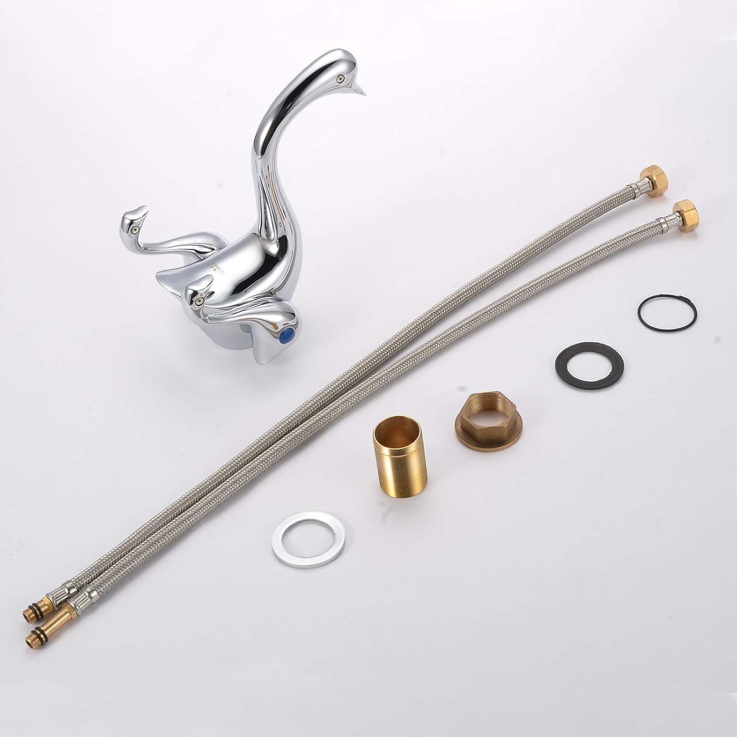 Bathroom Sink Faucet Chrome Dual Handles Lever Swan Duck Goose-Neck Waterfall One Hole Bath Lavatory Basin Mixer Tap Deck Mount Supply Line Commercial