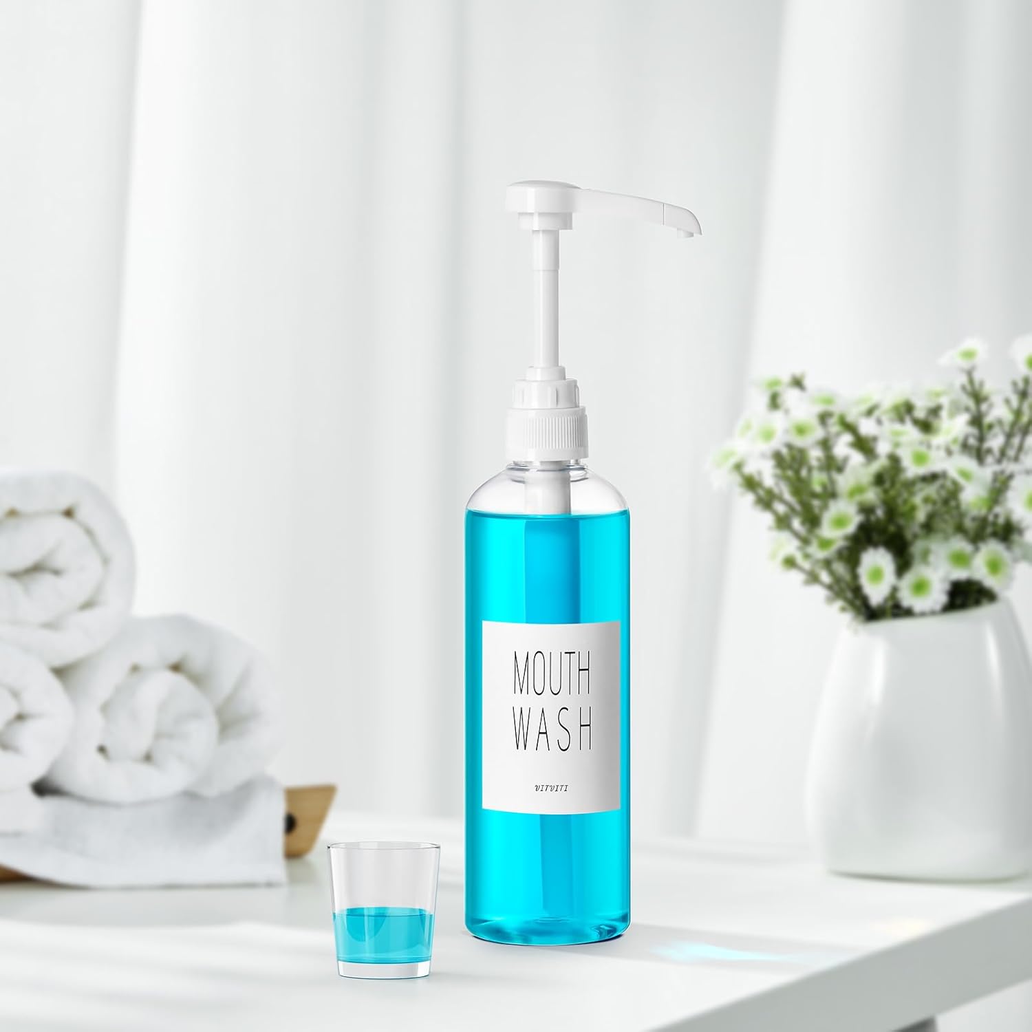 Plastic Mouthwash Dispenser for Bathroom, 17 OZ Pump Mouth Wash Container Bottle with Cup, Clear Refillable Mouthwash Dispenser with Labels