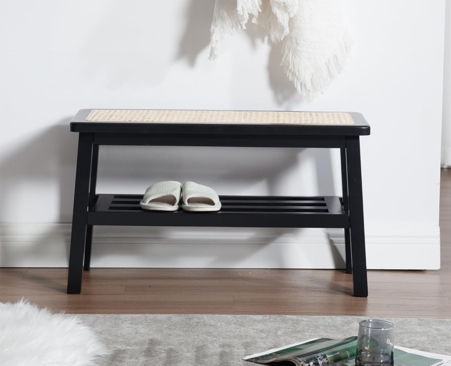 Rattan Entryway Bench with Storage Wood Shoe Rack Bench Farmhouse 2 Tier Storage Shoe Bench Mid Century Small Window Bench with Cane Seat