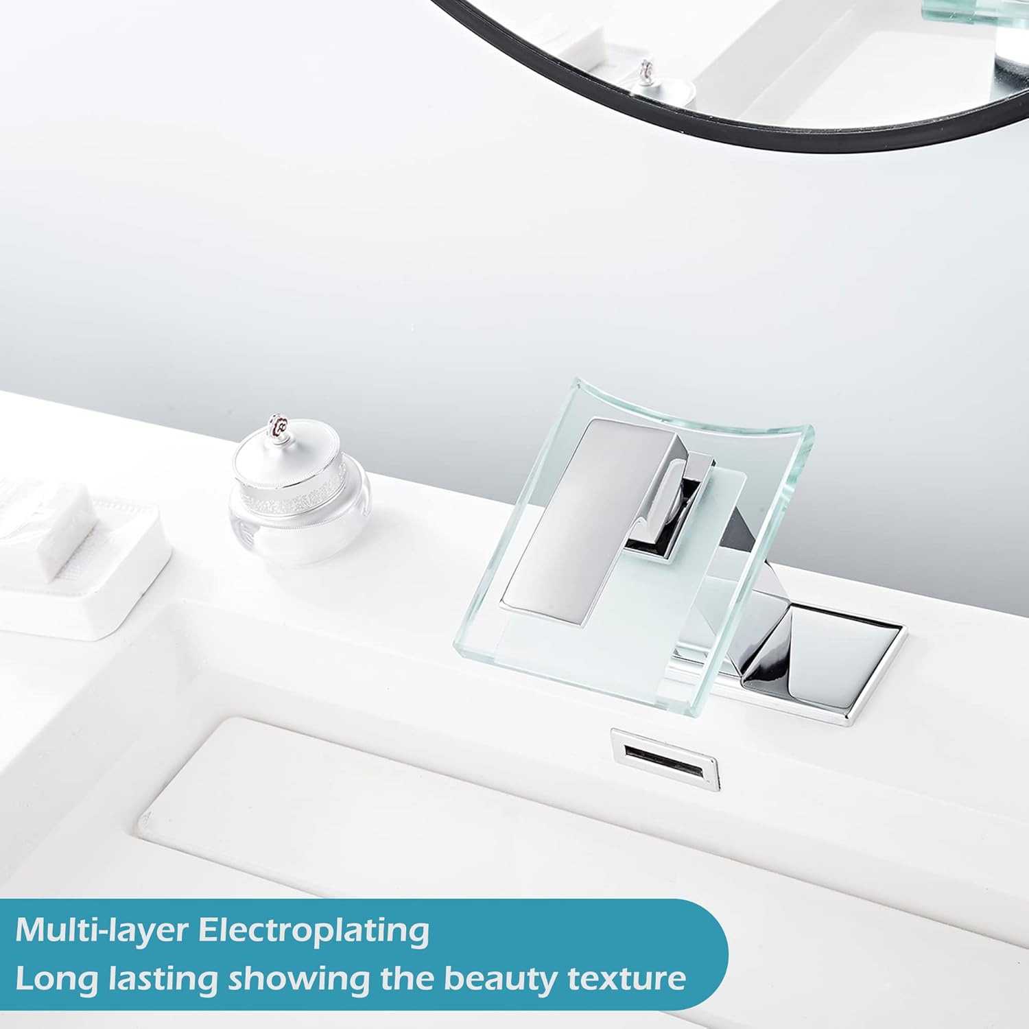 Bathroom Waterfall Faucet Chrome LED Glass Spout with Overflow Drain Stopper Single Handle One Hole Modern Design Bath Basin Tap 3 Color Changing Battery Powered Lavatory Vanity Sink Deck Mount