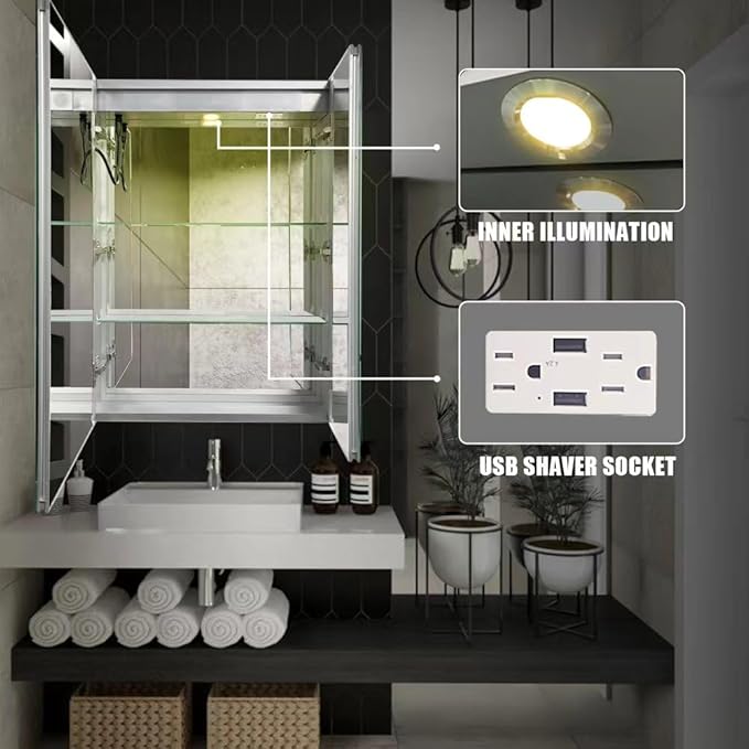 LED Medicine Cabinet,Bathroom Mirror Cabinet with Lights,24×28inch,Equip with Internal Light,Aluminum Construction,USB Shaver Socket,3 Color,Dimmer,Demister,Surface Mounted and Recess Mounted