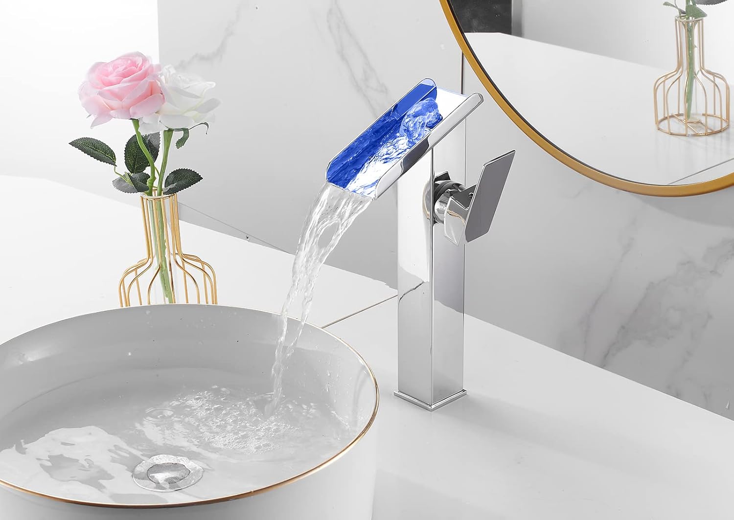 Bathroom Vessel Sink Faucet Chrome Waterfall Led Color Changing by Temperature Bowl Sink Faucet 1 Hole Right Handle Without Overflow Pop Up Drain Stopper Lavatory Vanity Bath Basin Tap Tall