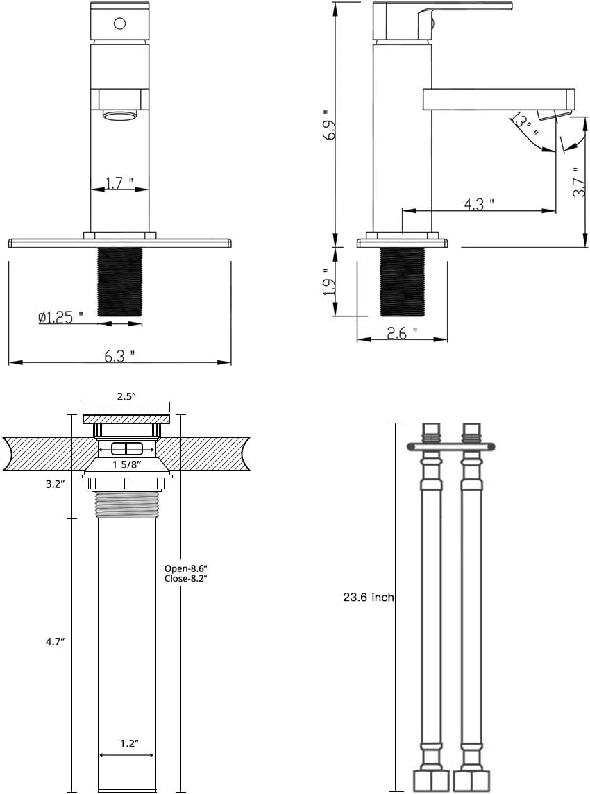 Bathroom Faucet Brass Single Handle Modern Commercial Laundry Vanity Sink Faucet With Two 3/8" Hoses Matching Drain Assembly