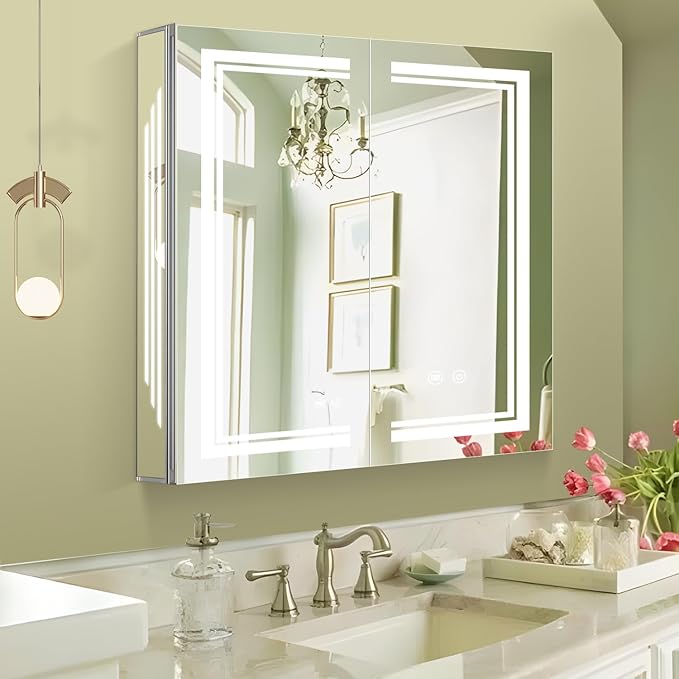 36×32inch Medicine Cabinet with Lights,Lighted Medicine Cabinet,3 Colors&Dimmable,Demister,Internal Light,USB Shaver Socket,Resisitent to Corrosion