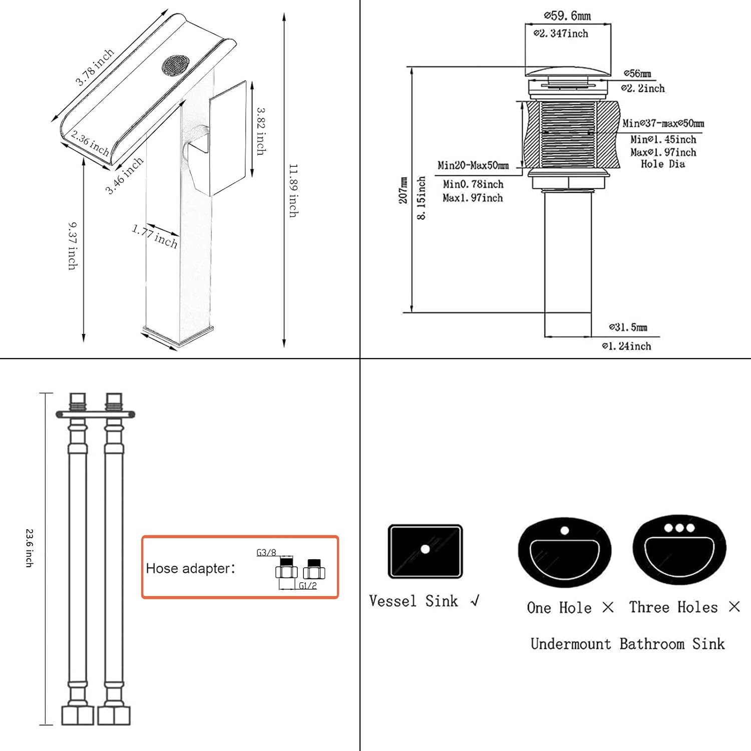 Bathroom Vessel Faucet Gold Waterfall Open Spout Basin Faucet Led Color Changing by Temperature for Bowl Sink with 1Hole Right Handle Without Overflow Pop Up Drain Stopper Supply Hoses Lavatory Basin