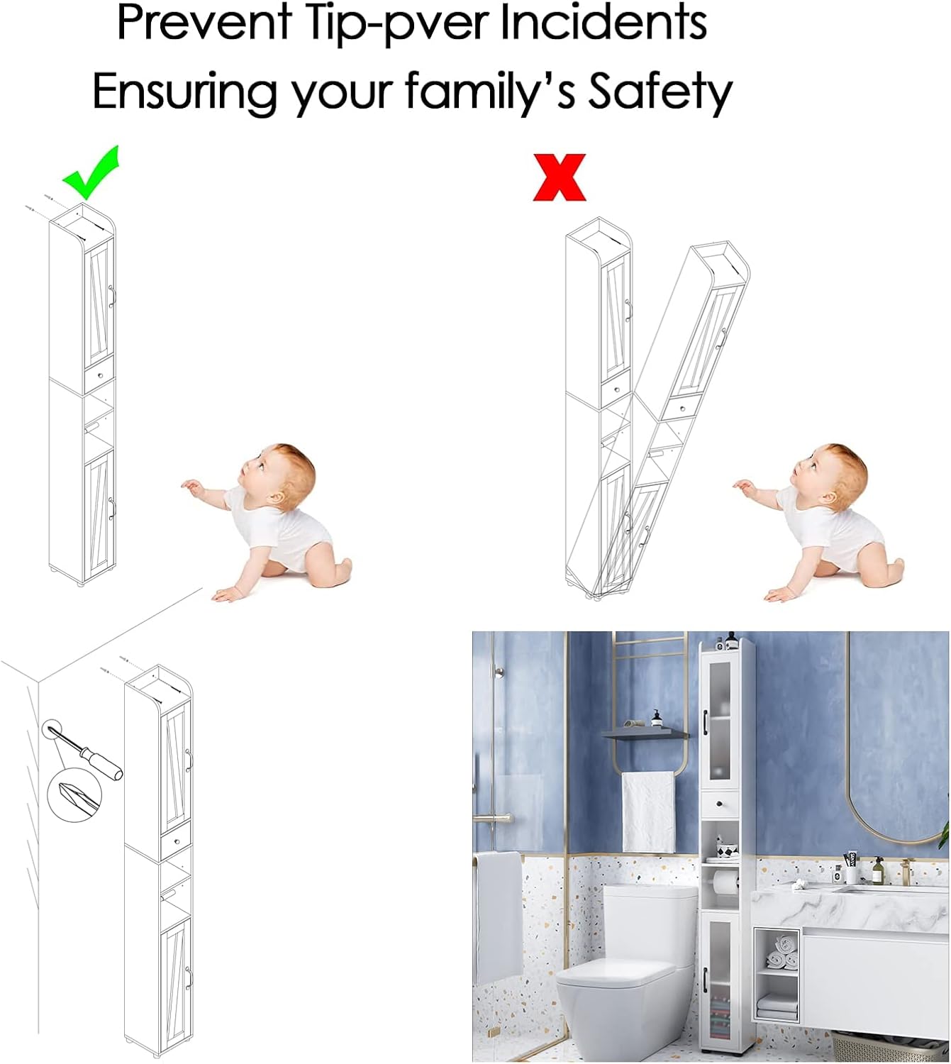 Bathroom Storage Cabinet with 2 Frosted Glass Doors, Tall Narrow Cabinet with Doors and Shelves Adjustable, Slim Cabinet for Small Spaces
