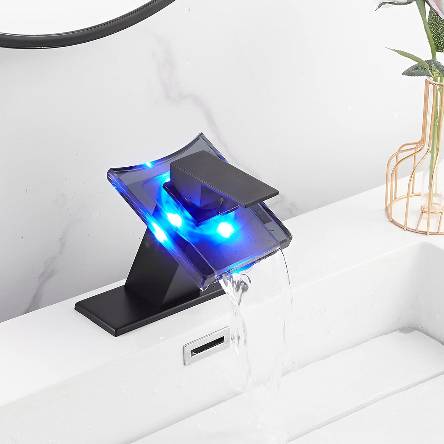 Bathroom Faucet Black Led Light 3 Color Changing Waterfall Glass Spout RGB Battery Power Lavatory Vanity Sink Faucet Single Handle One Hole Deck Mount Modern Designer Bath Basin Tap