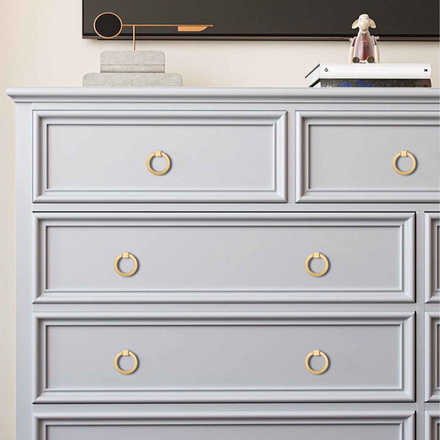 10Pcs 2.0" x 1-7/8" Solid Brass Pulls for Dresser Drawer Ring Pulls Furniture Hardware Brushed Gold Wardrobe Door Handles