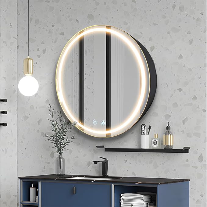 20inch Round Medicine Cabinet with Lights,Led Medicine Cabinet with Defogger,Illuminated Mirror Cabinet for Bathroom,Dimmable,Anti-Fog,3 Colors,Surface Mount Only