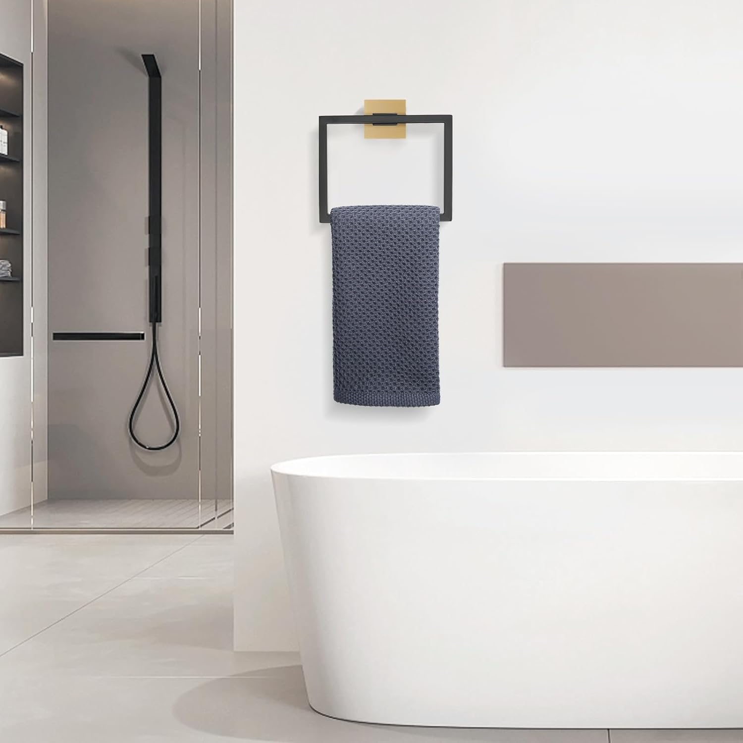 Towel Holder Bathroom Towel Ring, Black & Gold Hand Towel Bar, Stainless Steel Towel Rack Wall Mounted, Square Towel Hanger for Kitchen Lavatory