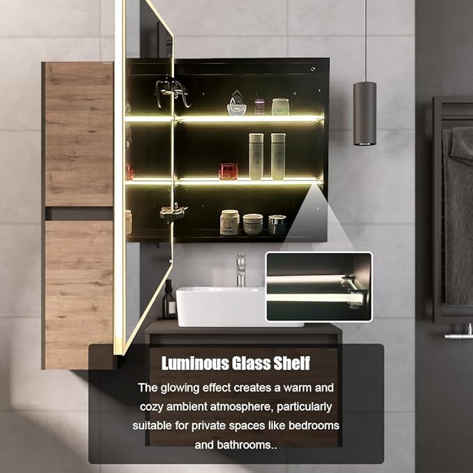 Led Medicine Cabinet,20×28inch,Medicine Cabinet with Light,3 Colors,Dimmable,Desmister,Luminous Glass Shelf,Recess Mount and Surface Mount