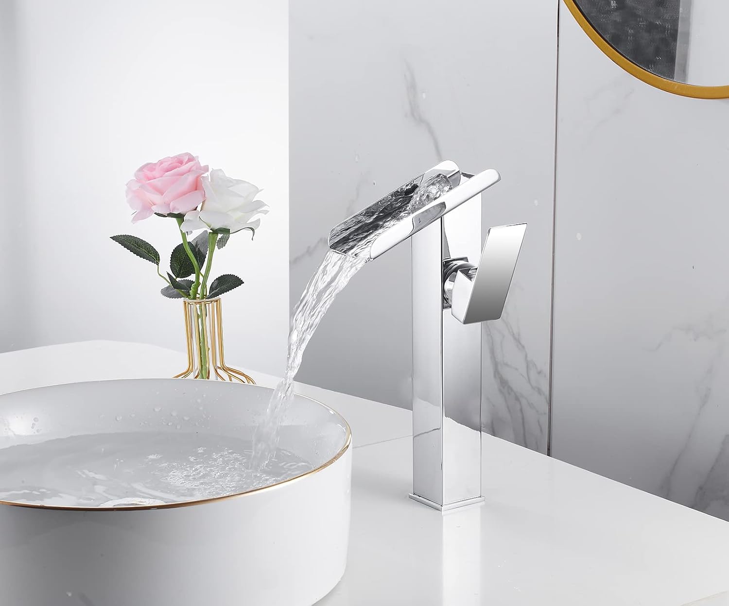 Bathroom Vessel Faucet Chrome Waterfall Single Handle 1 Hole Matching Pop Up Drain Stopper Without Overflow Lavatory Vanity Basin Tap Deck Mount Bowl Sink Bath Faucets Include Faucet Supply Lines