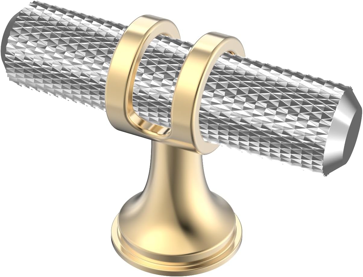 10 Pack Satin Nickel and Gold Cabinet Knobs, 2 Inch(50mm) Cabinet Hardware T Bar Knurled Knobs for Cupboard and Drawers