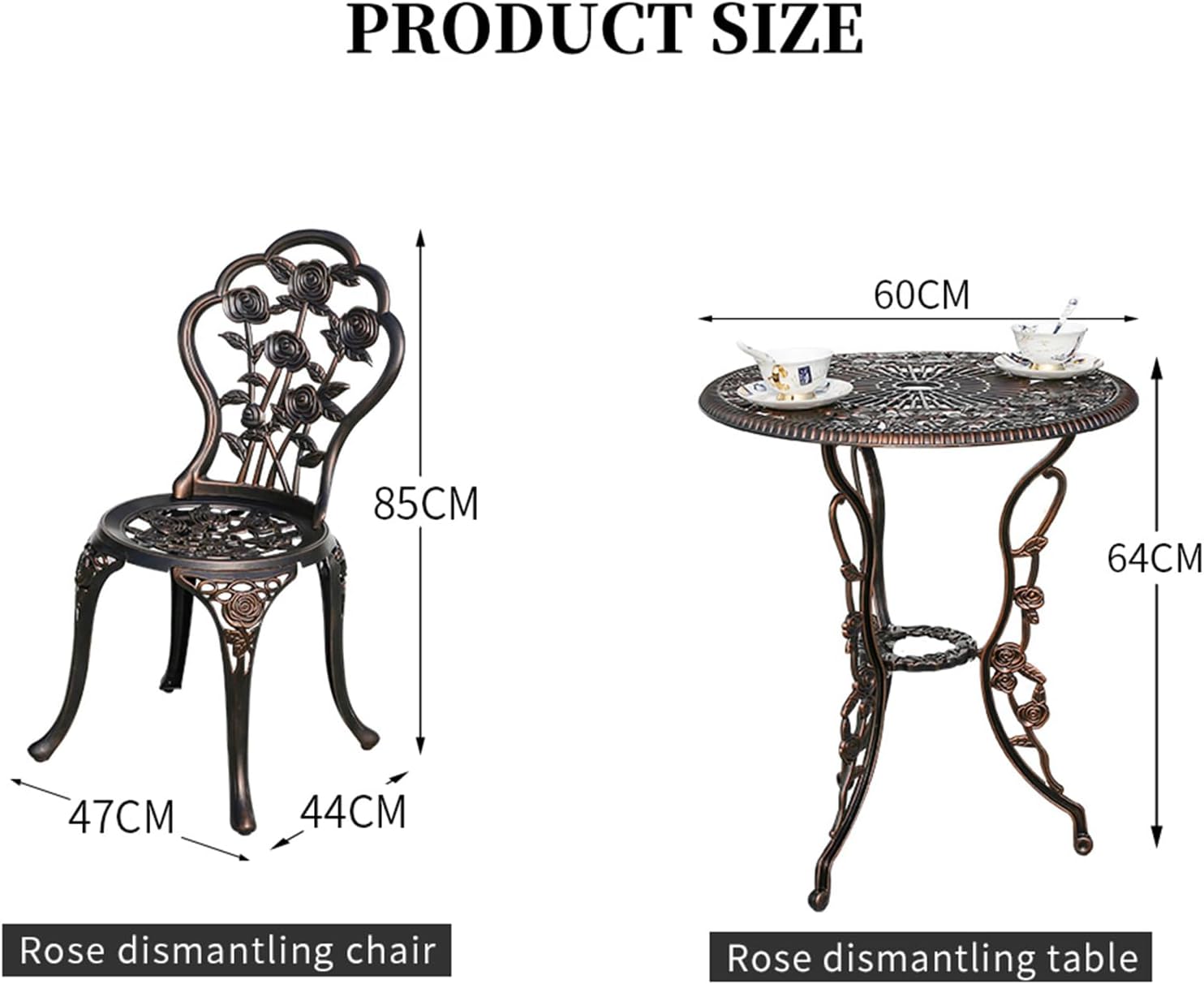 3-Piece Outdoor Patio Bistro Set Rose Design Rust-Resistant Cast Aluminum Table and Chairs with Umbrella Hole