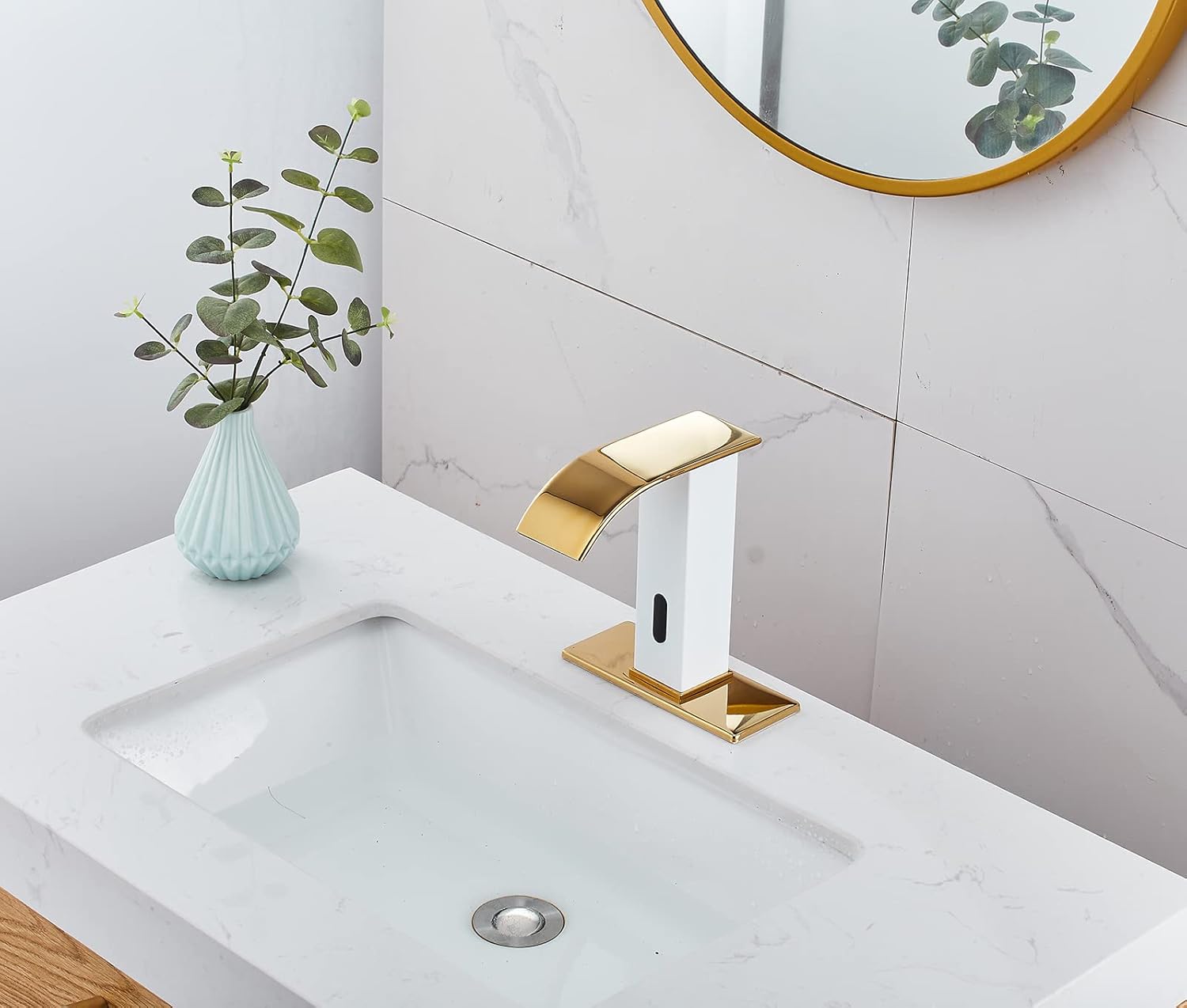 Automatic Touchless Faucet Bathroom White& Gold Waterfall Electronic Motion Sensor Faucet Hands Free Tap with Control Box and Temperature Mixing Valve Lavatory Vanity Sink Faucet AC/DC Power Basin Tap