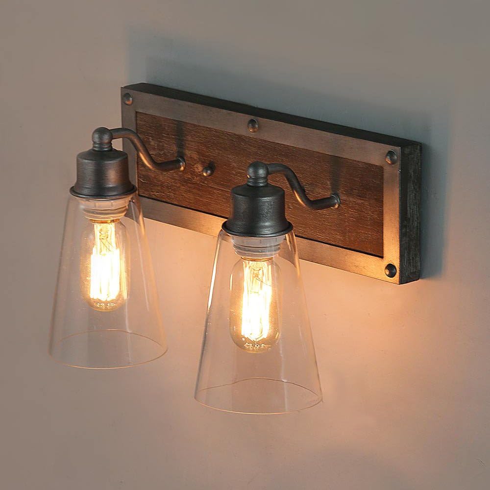 2 Lights Bathroom Lighting in Real Distressed Wood and Brushed Antique Silver Finish with Cone Clear Glass Shades