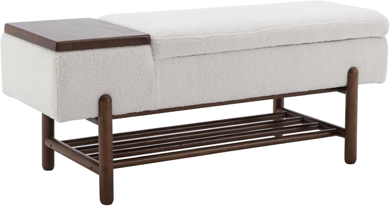 Modern Storage Bench for Bedroom End of Bed Sherpa Upholstered Ottoman Bench with Storage and Wood Shoe Rack Farmhouse Long Seating Bench