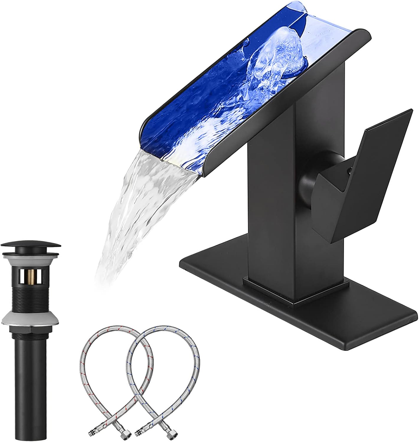 Bathroom Faucet Black Waterfall Open Spout LED Color Changing 1-3 Holes Basin Vanity Sink Tap Single Handle with Pop Up Drain Stopper Overflow Water Supply Hose Include Modern Commercial
