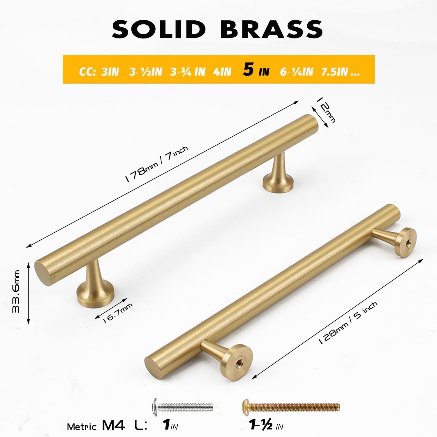 5 Inch Kitchen Cabinet Handles Solid Brass Cabinet Pulls Round Bar Handles Brushed Gold Dresser Drawer Pulls Hardware 4 Pack