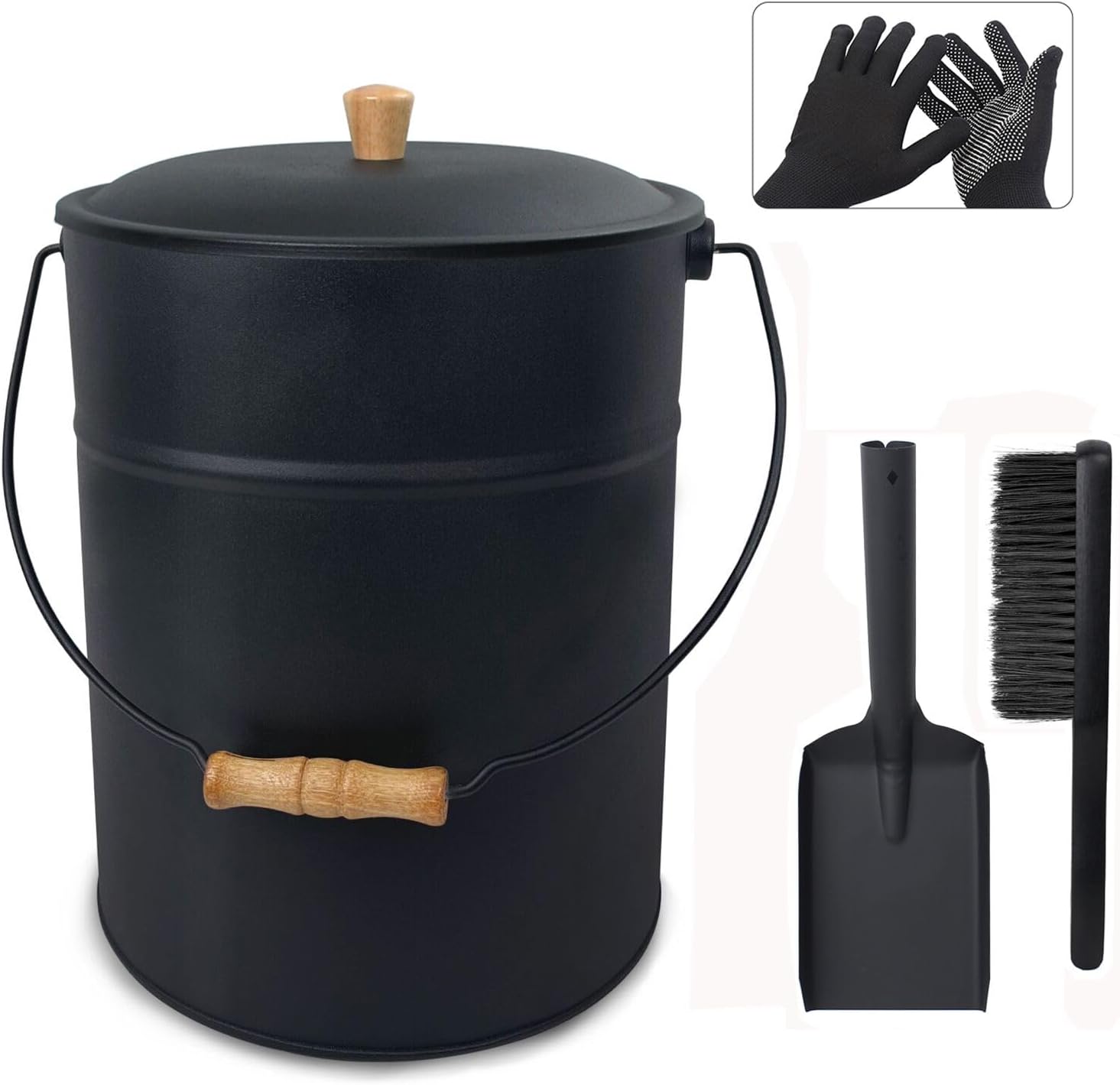 Ash Bucket with Lid and Shovel, 4 Gallon Fireplace Bucket for Ashes, Metal Bucket Includes Hand Broom and Gloves