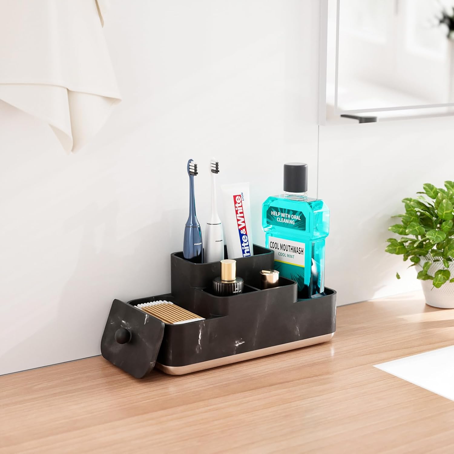 Bathroom Counter Organizer, Toothbrush Holder for Bathroom, Resin Bathroom Organizer Countertop Storage