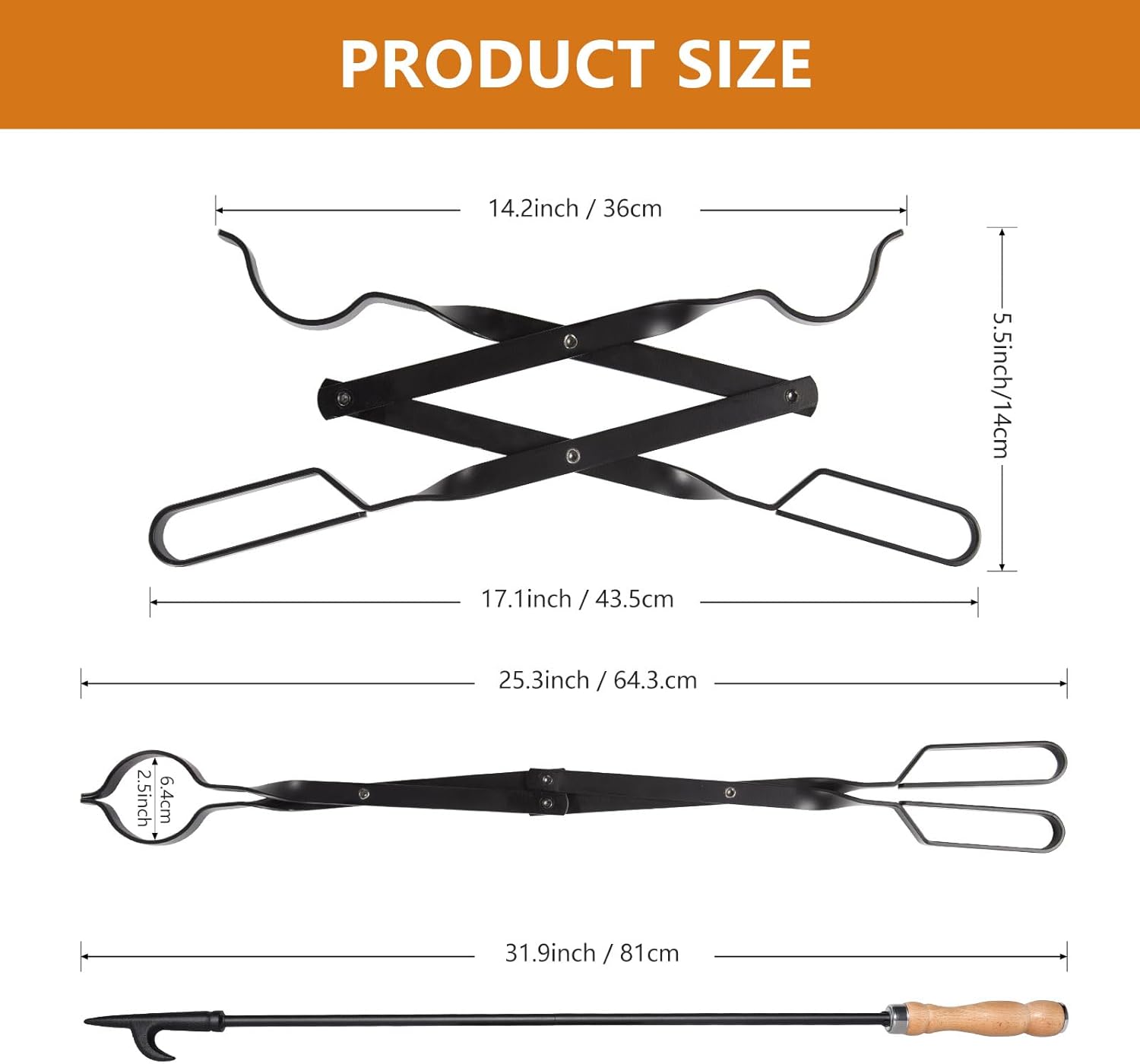 Heavy Duty 32” Long Fireplace Fire Pit Campfire Poker Stick and 26” Fireplace Tongs Tool Sets, Log Grabber