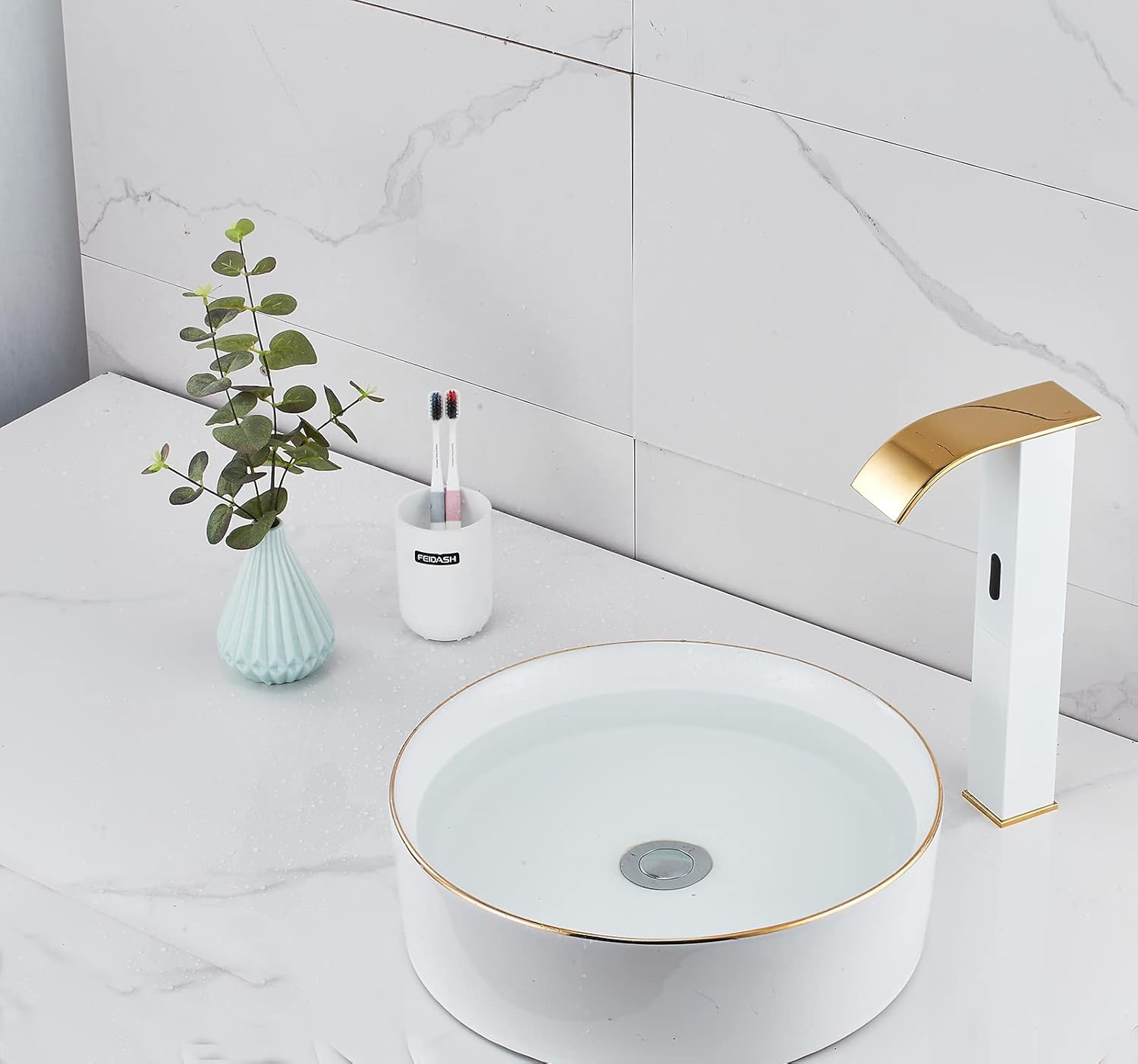 Touchless Bathroom Vessel Faucet Electronic Sensor Automatic Waterfall White Gold Bathroom Faucets Hands Free Water Saving One Hole Bowl Sink Faucet Motion Sensor Lavatory Vanity Faucet Deck Mounted