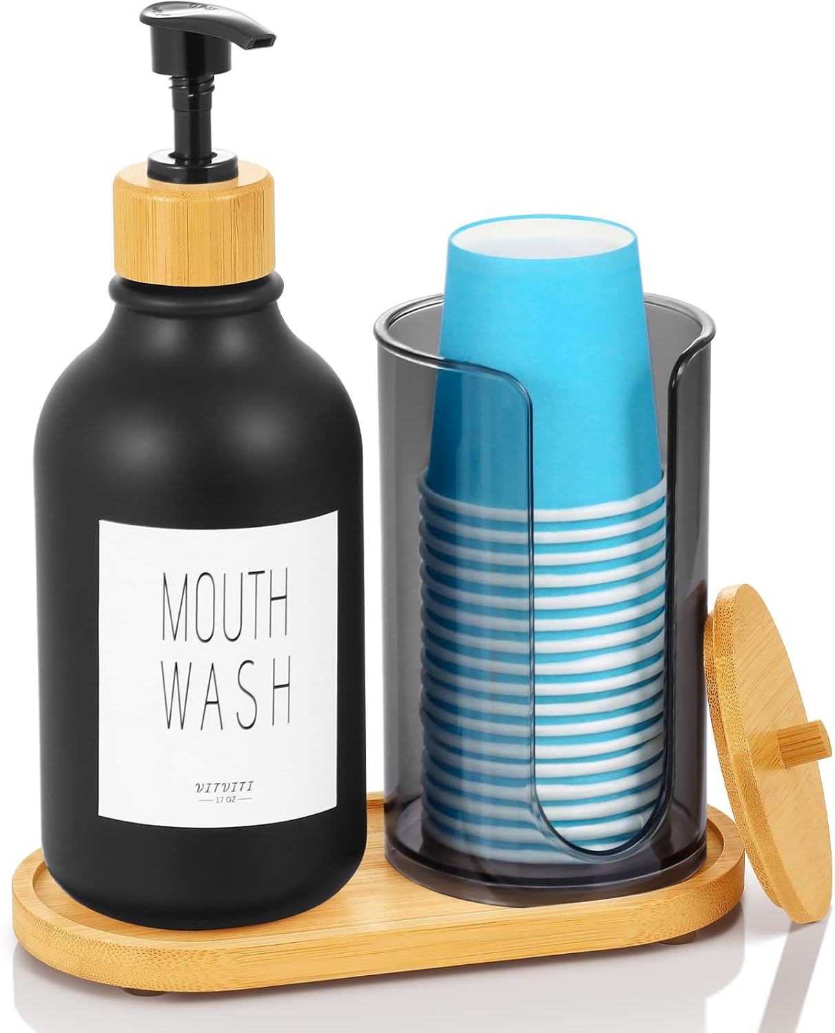 Mouthwash Dispenser for Bathroom, Mouth Wash Pump Bottle with Paper Cup Holder, 17Oz Refillable Black Mouthwash Container with Bamboo Lid/Tray/Label