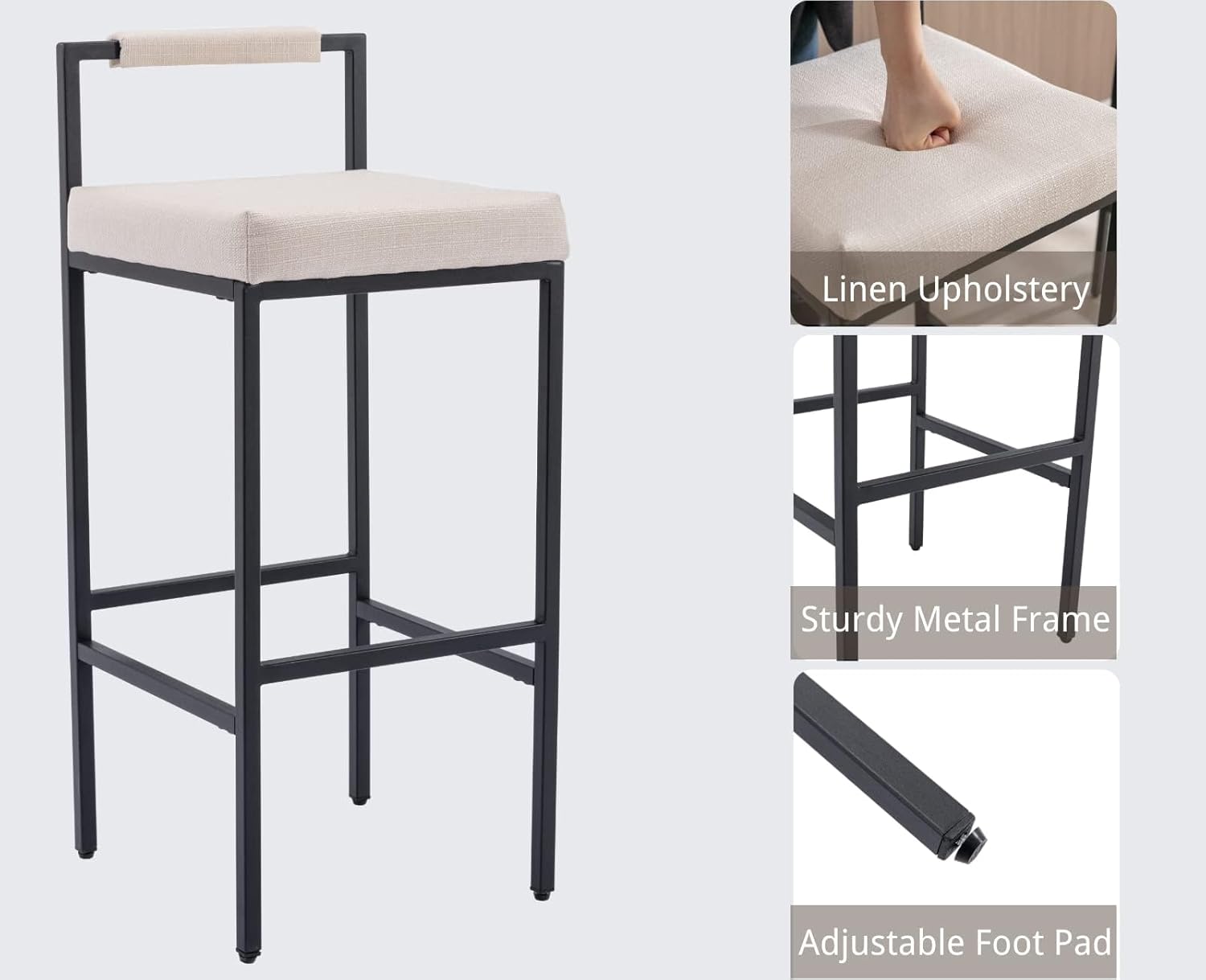 Modern Bar Stools Set of 6 Linen Upholstered Bar Height Barstools with Low Back and Metal Frame