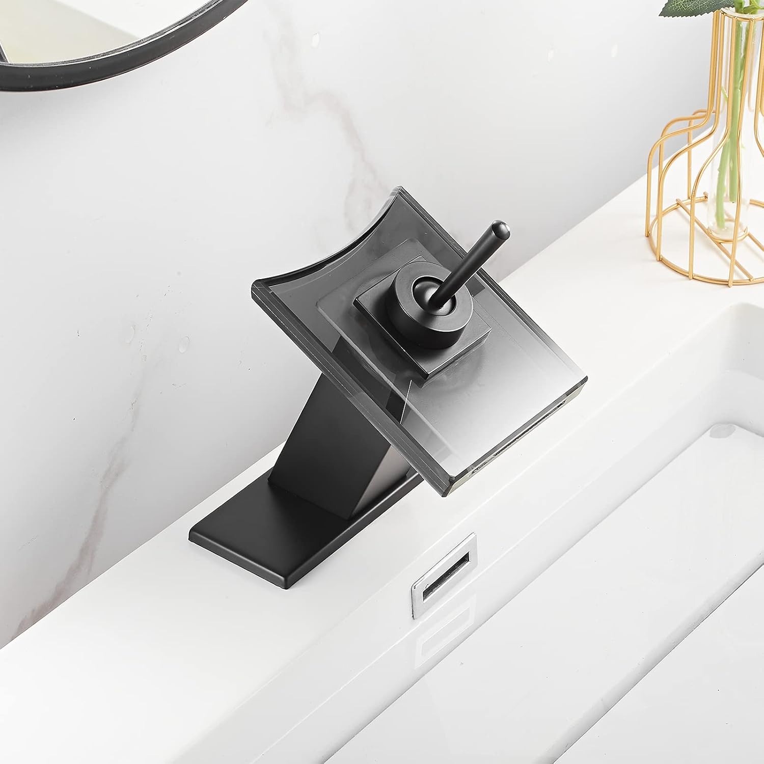 Black Bathroom Sink Faucet with 3-Color Changing LED Light Waterfall Glass Spout Single Handle One Hole Battery Power Lavatory Vanity Faucets Cold and Hot Water Mixer Bath Basin Sink Tap Commercial