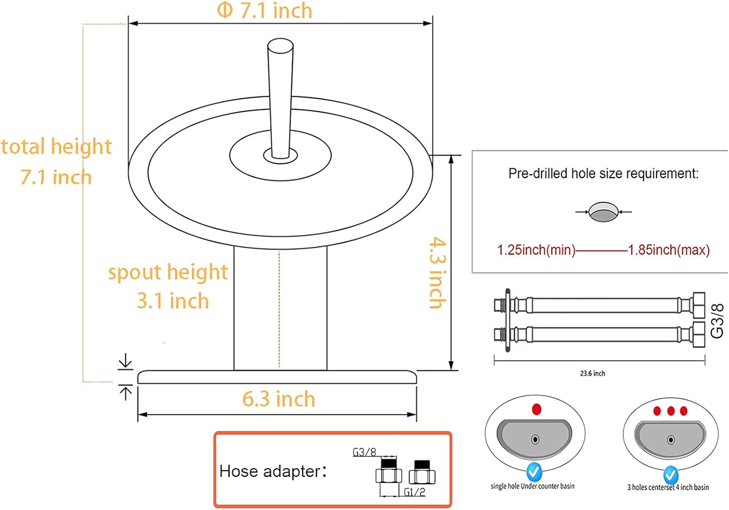 Bathroom Faucet Black Glass Waterfall Spout Single Handle 360° Swivel Solid Brass Bath Basin Lavatory Sink Vanity Faucet One or 3 Hole Commercial with Deck Plate